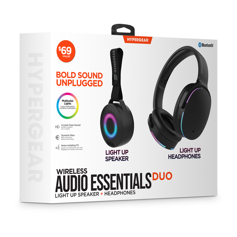 Wireless Audio Essentials Duo | Light-Up Speaker + Headphones | Black