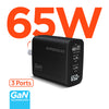 SpeedBoost 65W USB-C PD Tri-Port GaN Laptop Charger with PPS and Digital Display | Black