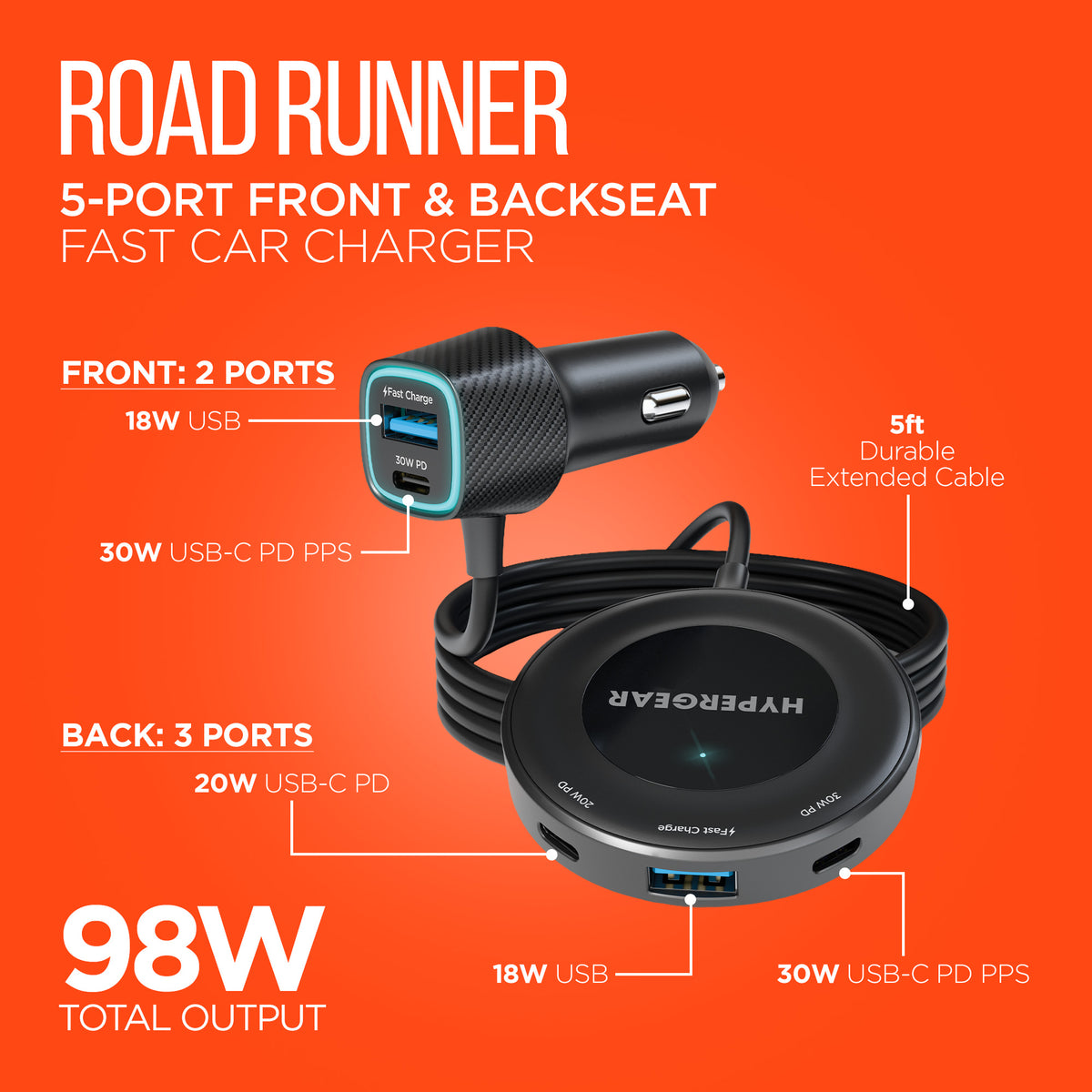 Road Runner 98W 5 Port Front Backseat Fast Car Charger With Dual 30W road-runner-98w-5-port-front-backseat-fast-car-charger-with-dual-30w