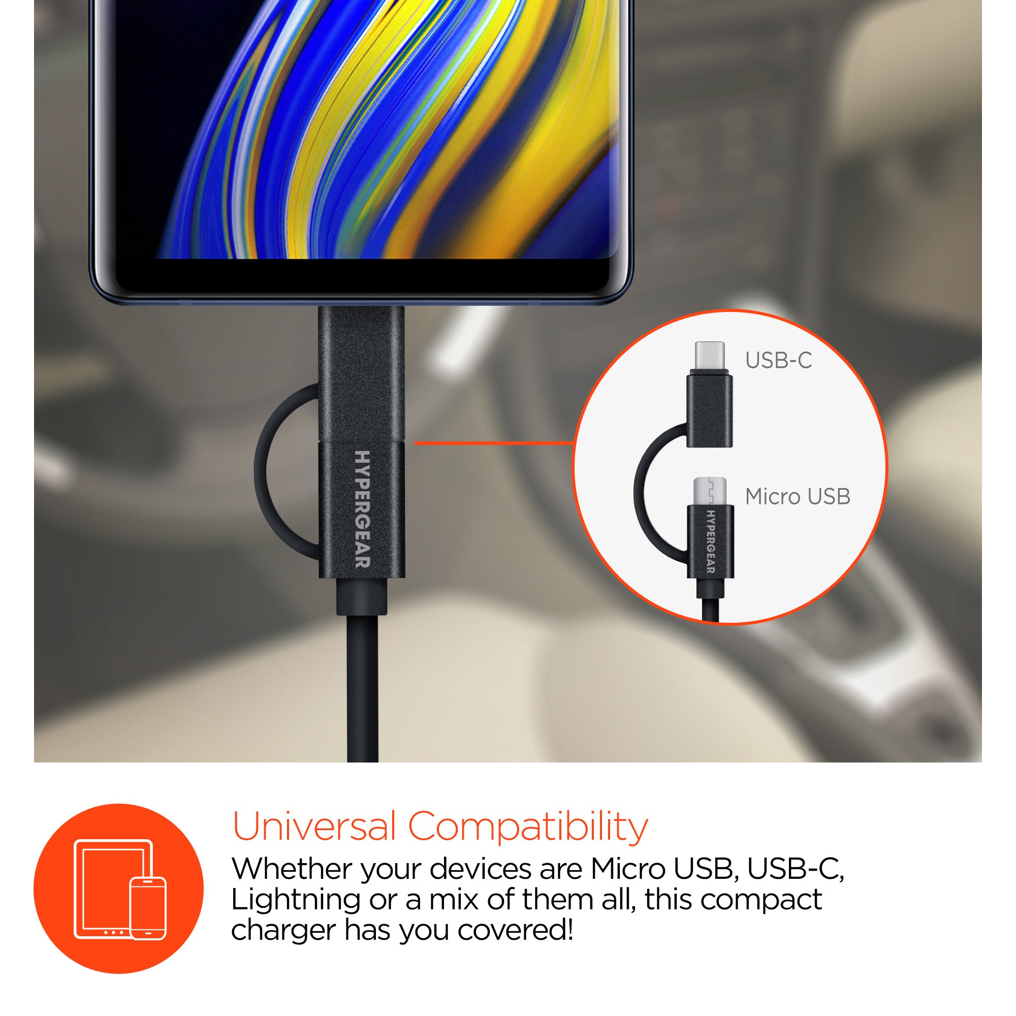 12W USB Rapid Vehicle Charger | Includes 4ft USB-C + Micro USB Hybrid Cable | Black