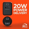 USB-C Power Delivery Bundle | 20W USB-C PD + 12W USB Fast Wall Charger and Fast Car Charger | Black