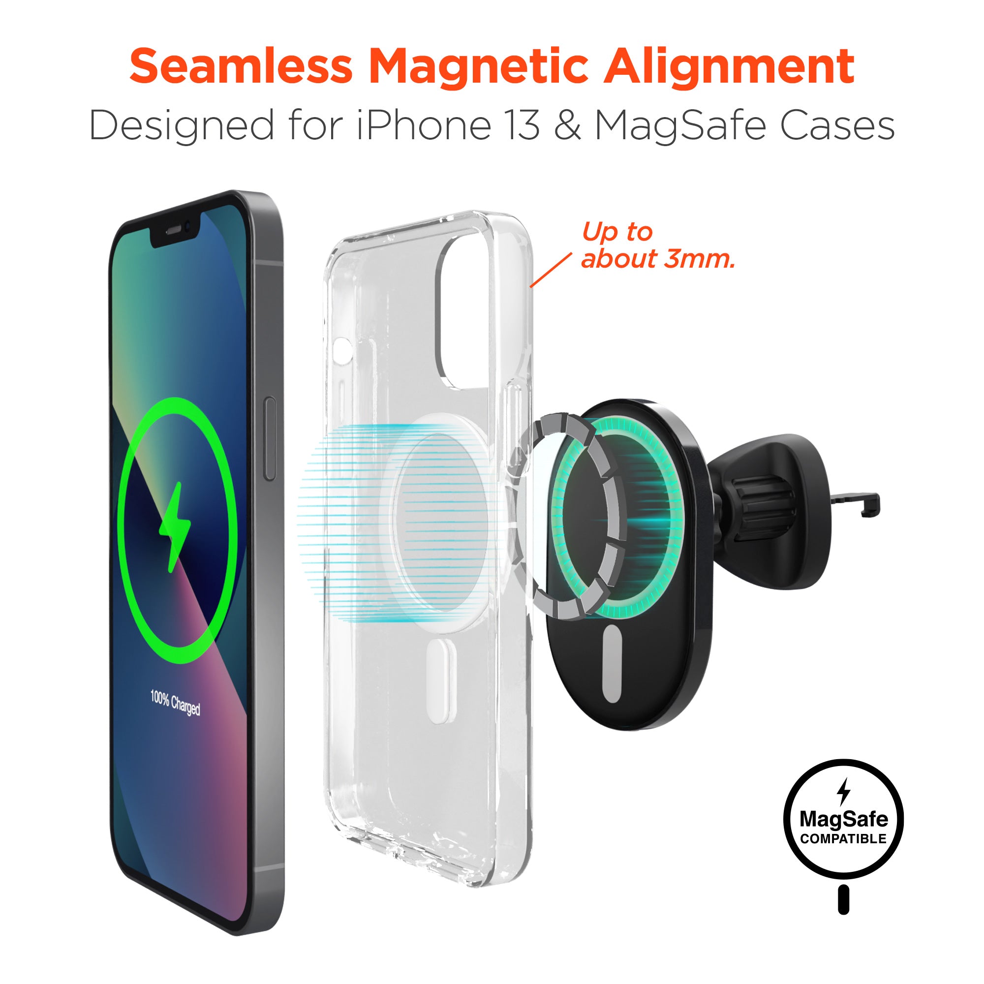 MagVent Magnetic Wireless Fast Charging Mount for iPhone 15, 14, 13 Series | Vent | Black