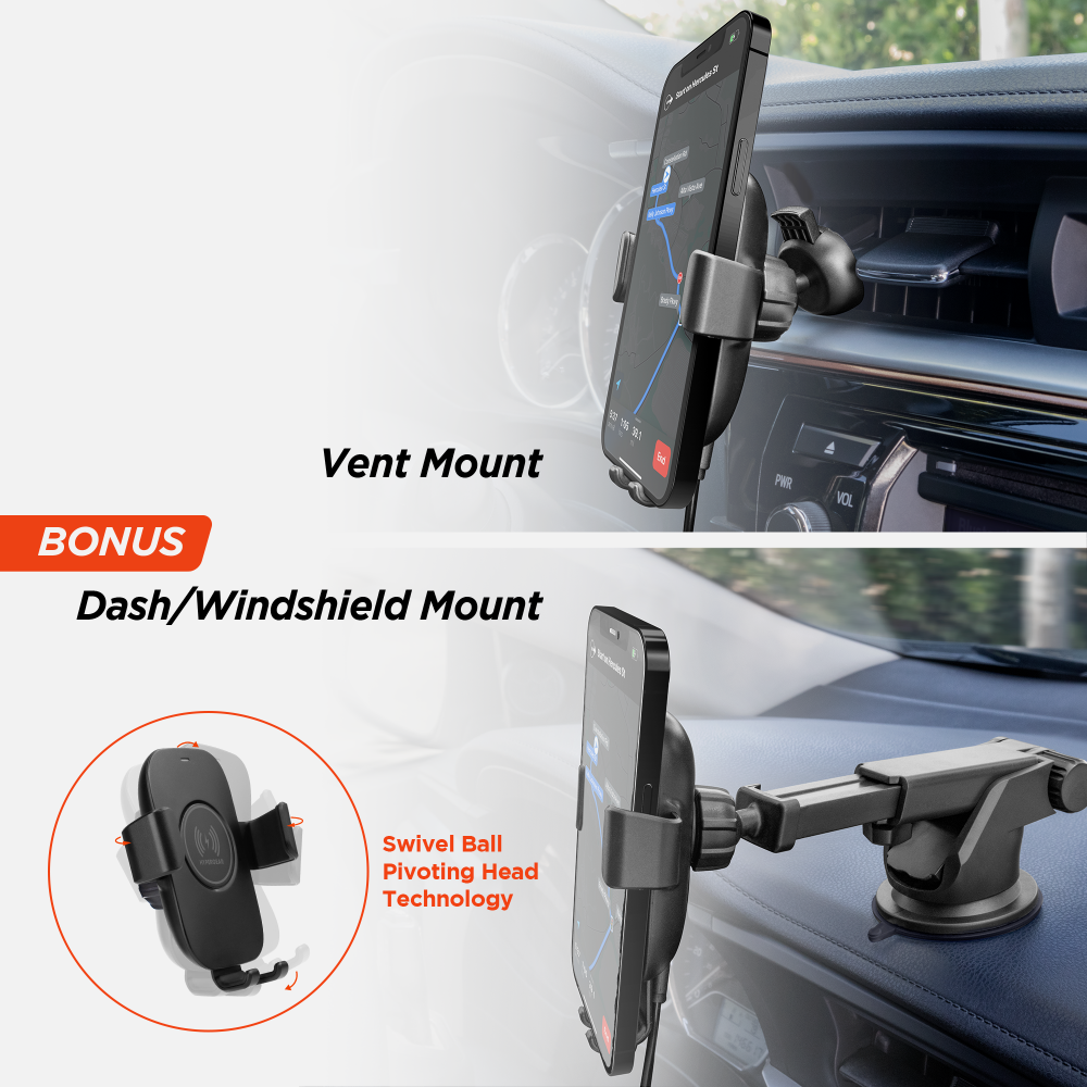 Smart Grip 15W Wireless Fast Charging Mount | Vent + Dashboard + Windshield  | Black