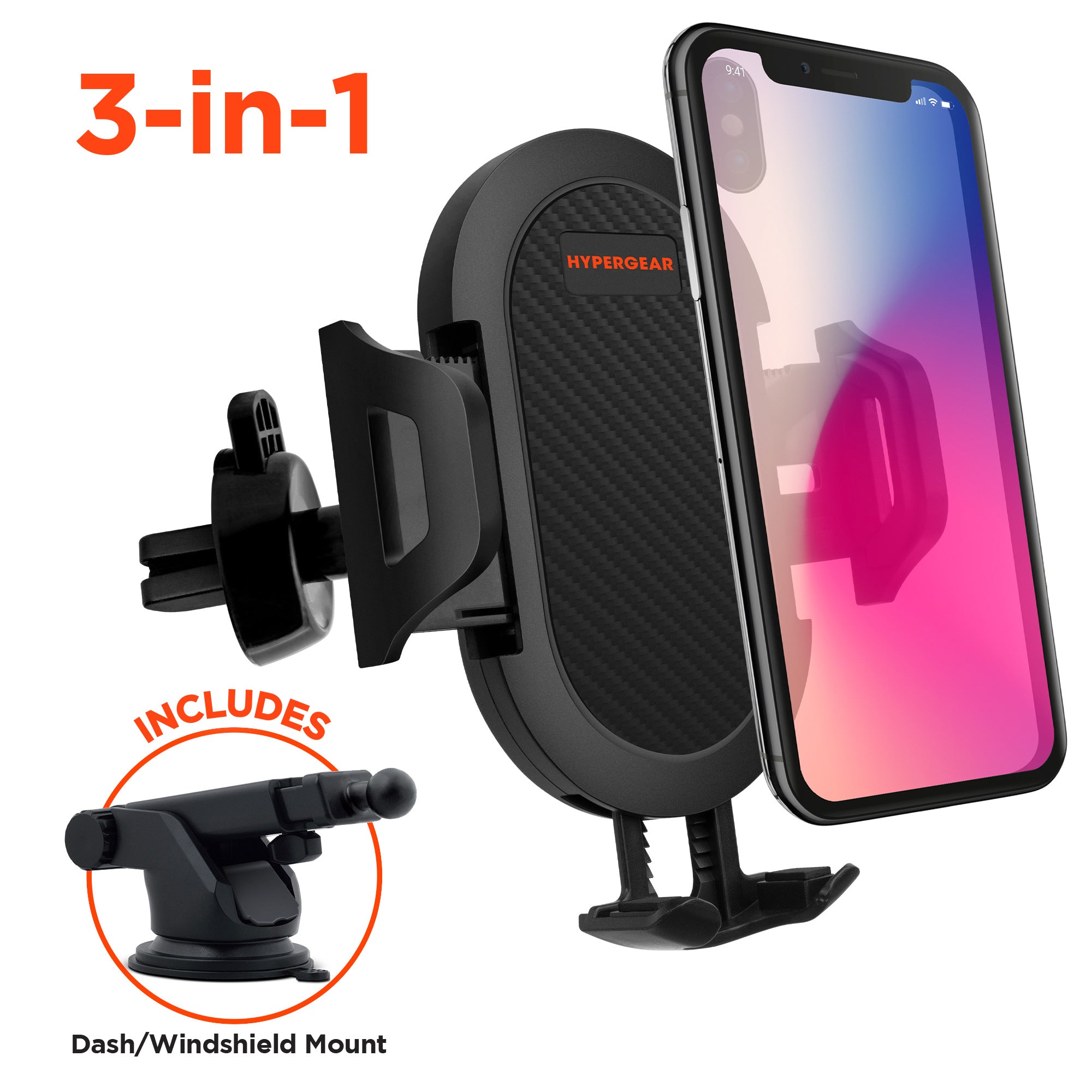 3-in-1 Phone Mount Kit | Vent + Dashboard + Windshield | Black