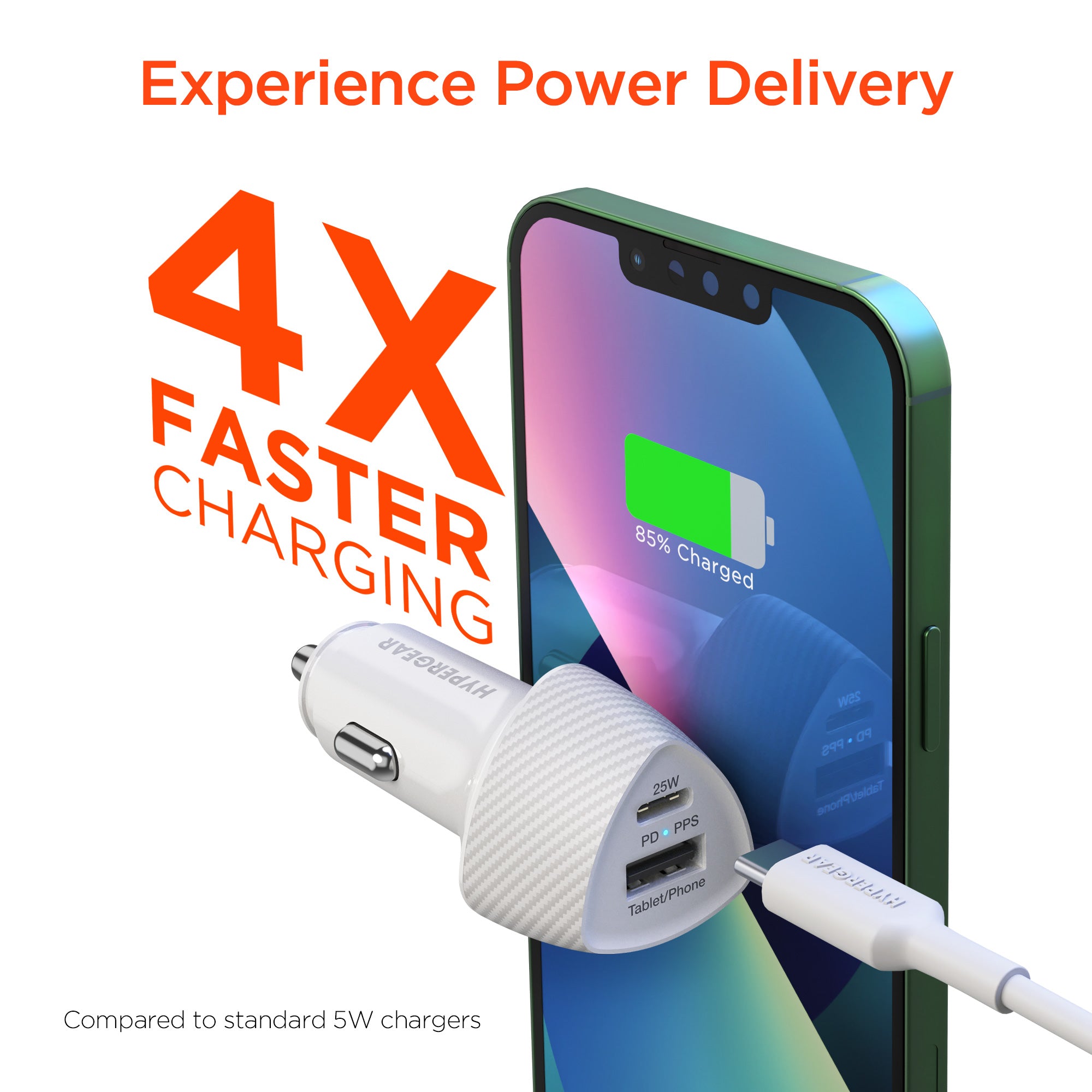 SpeedBoost 25W USB-C PD + 12W USB Fast Car Charger with PPS | Includes 4ft MFi Lightning Cable | White