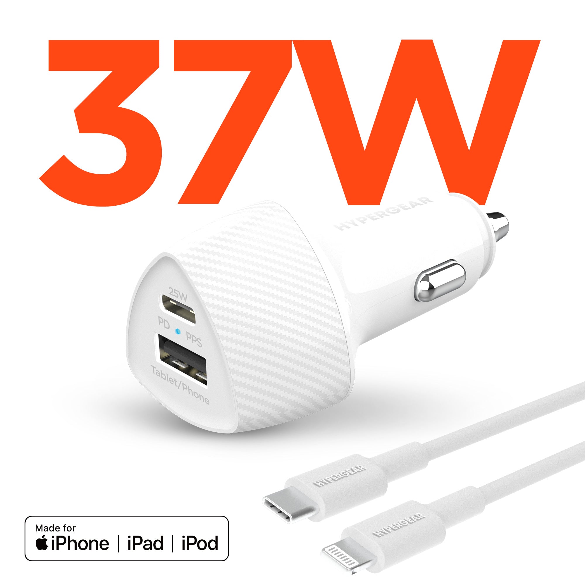 SpeedBoost 25W USB-C PD + 12W USB Fast Car Charger with PPS | Includes 4ft MFi Lightning Cable | White