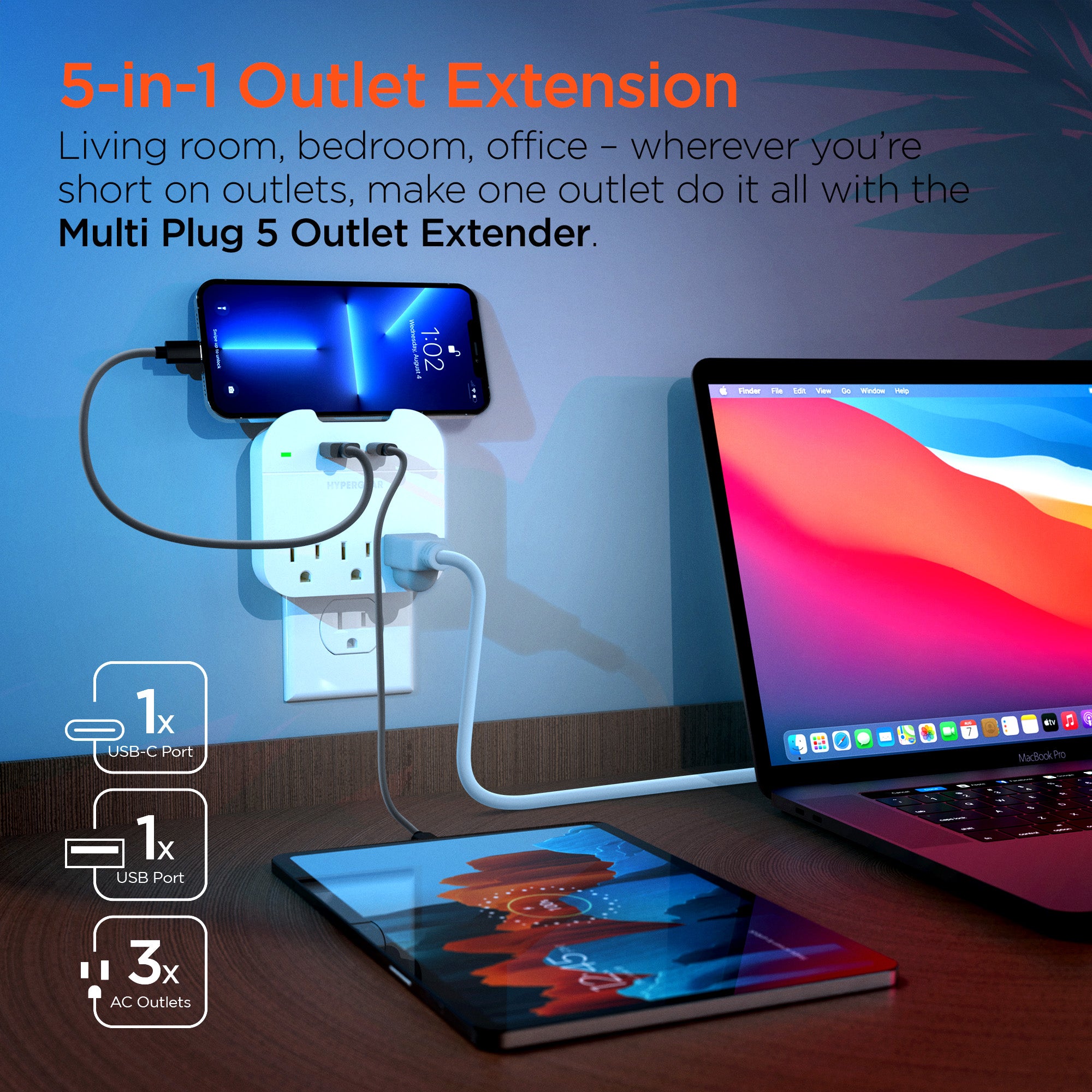 Multi Plug 5 Outlet Extender with USB-C & USB Ports | White – HYPERGEAR
