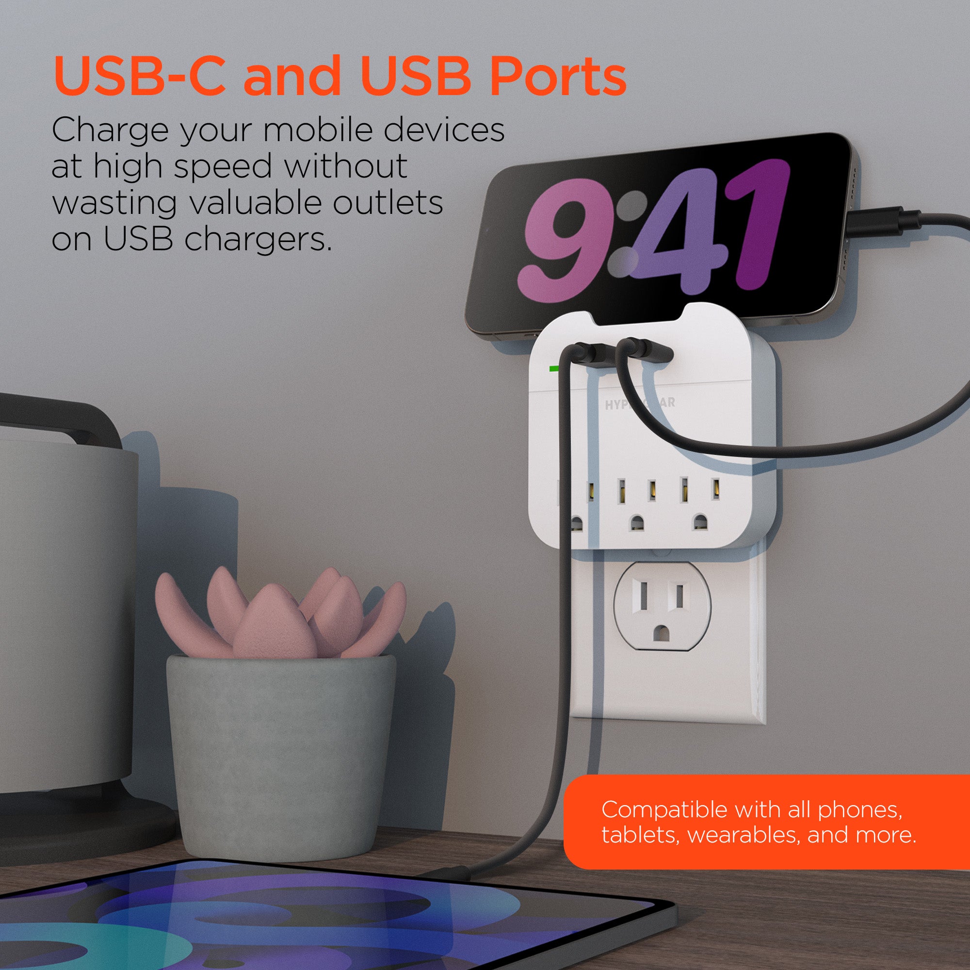 Multi Plug 5 Outlet Extender with USB-C & USB Ports | White – HYPERGEAR