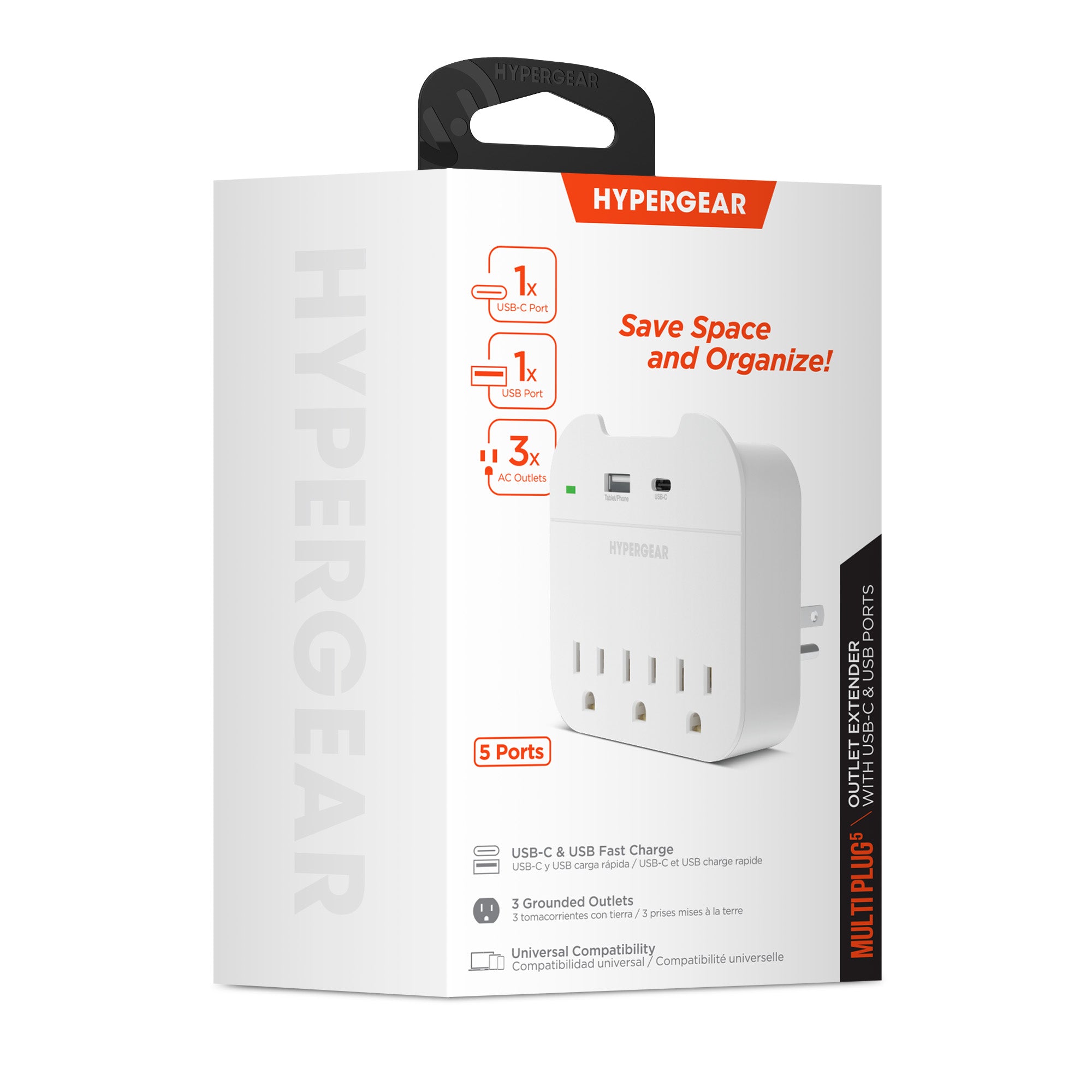 Multi Plug 5 Outlet Extender with USB-C & USB Ports | White