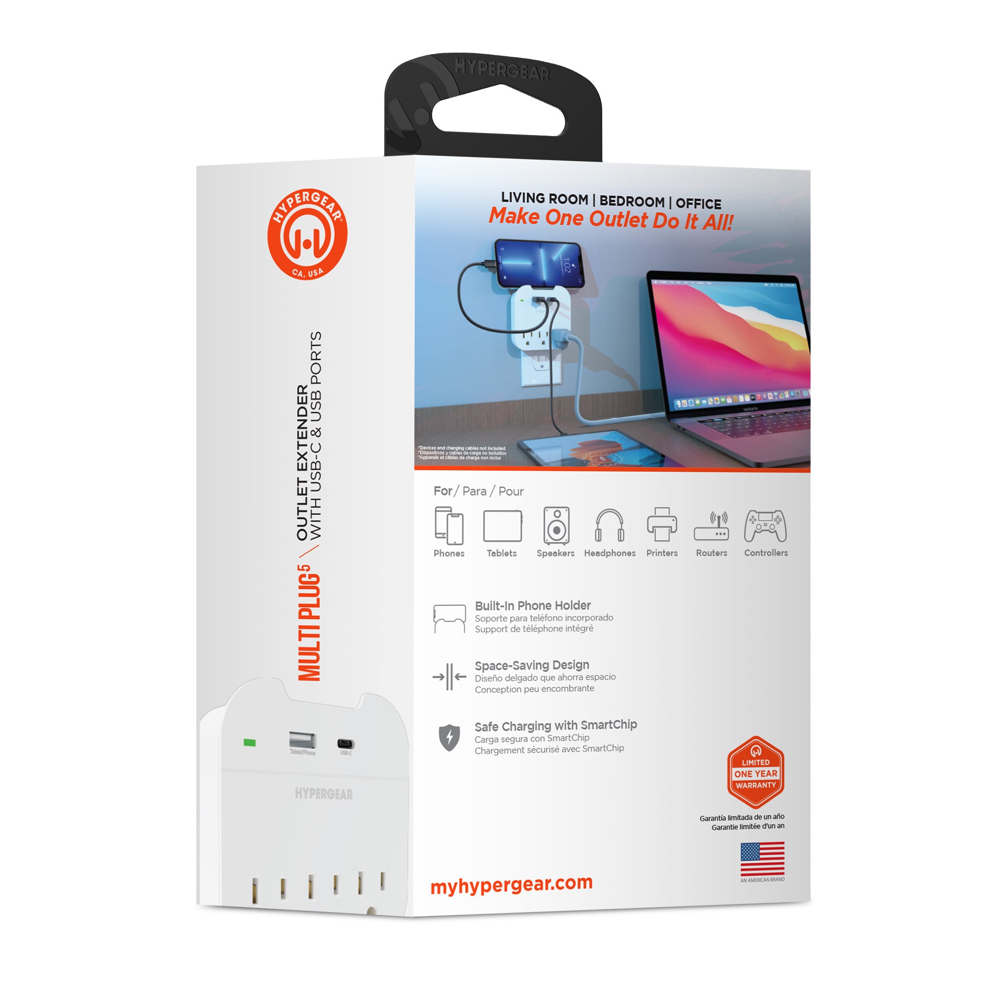 Multi Plug 5 Outlet Extender with USB-C & USB Ports | White