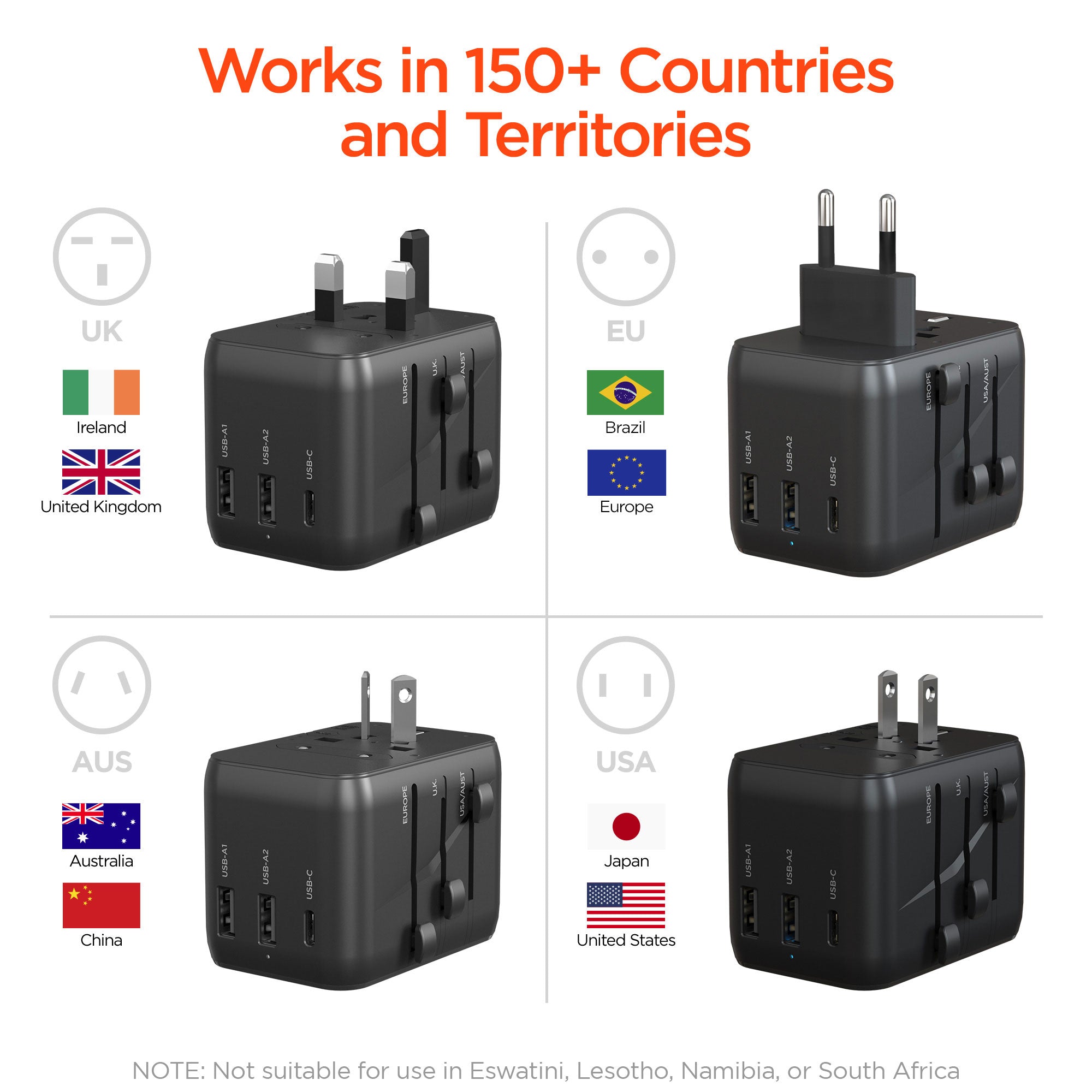 WorldCharge Universal Travel Adapter with USB-C | Black