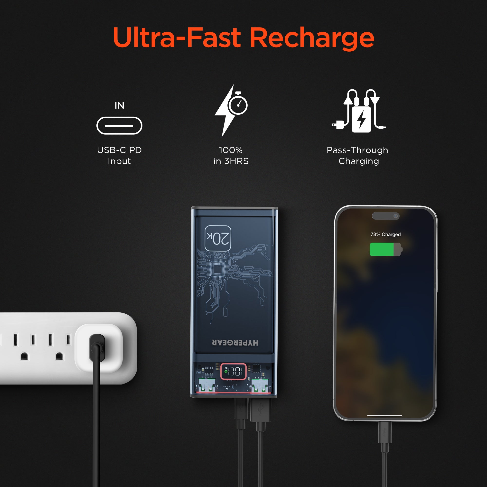 20,000mAh | ClearCharge XL Transparent Fast Charge Power Bank with 20W USB-C PD