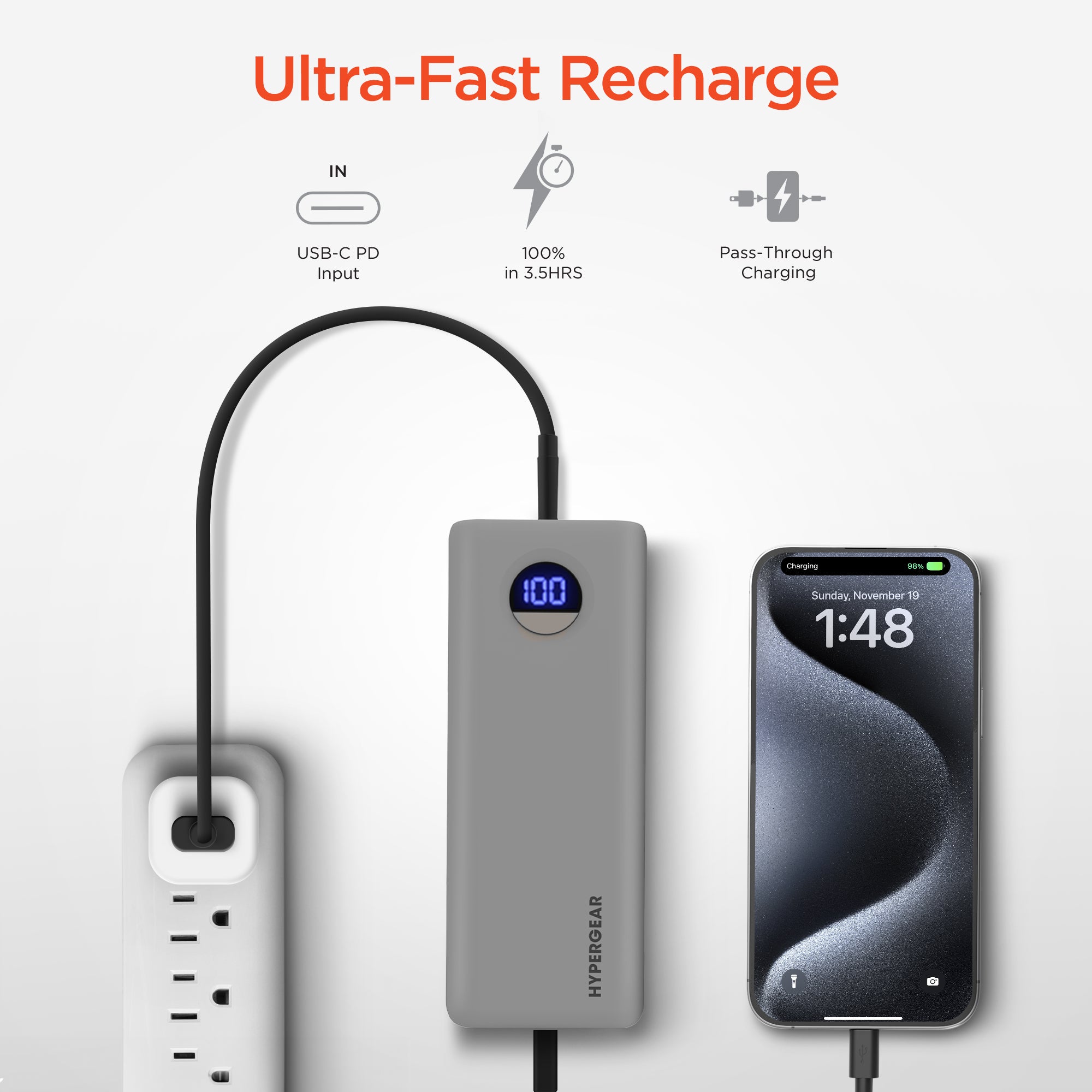 20,000mAh | Power Pack Pro+ Fast Charge Power Bank with 35W USB-C PD PPS and Digital Display | Gray