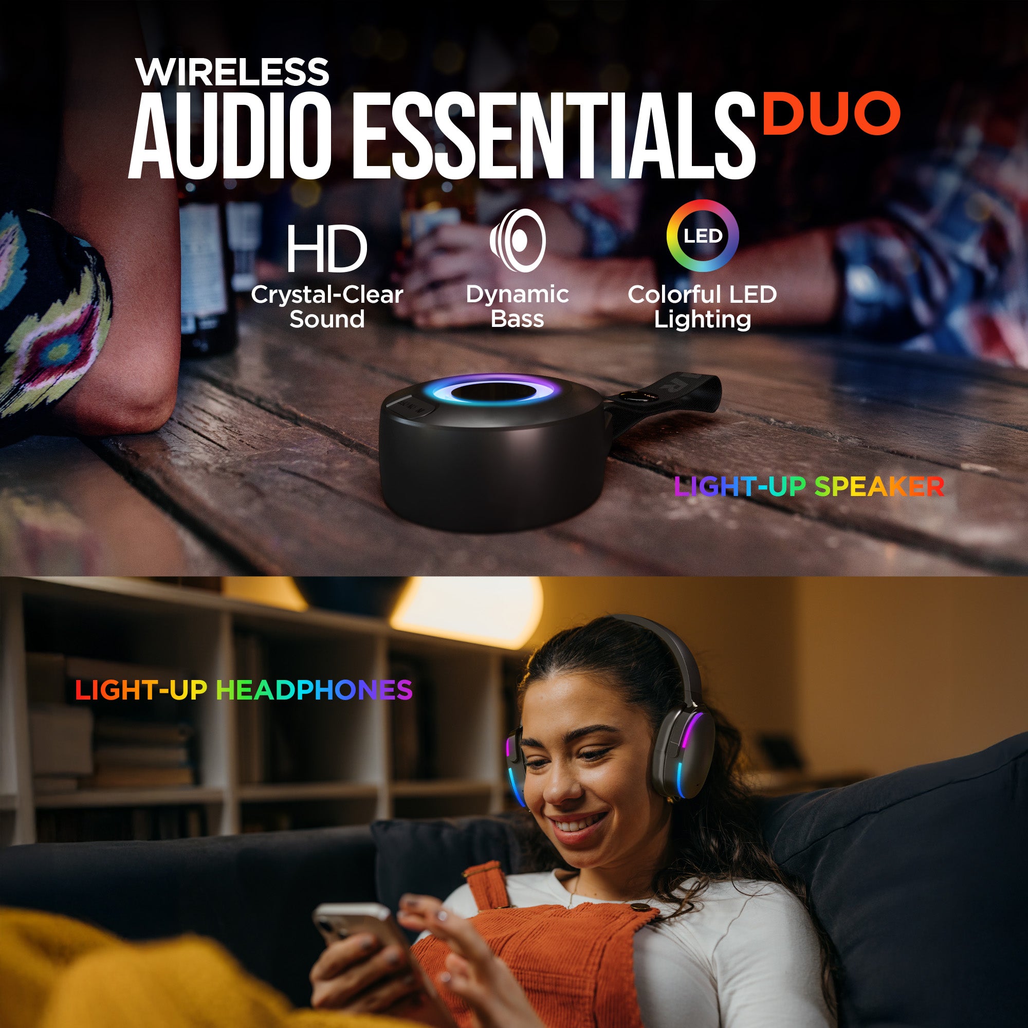 Wireless Audio Essentials Duo | Light-Up Speaker + Headphones | Black