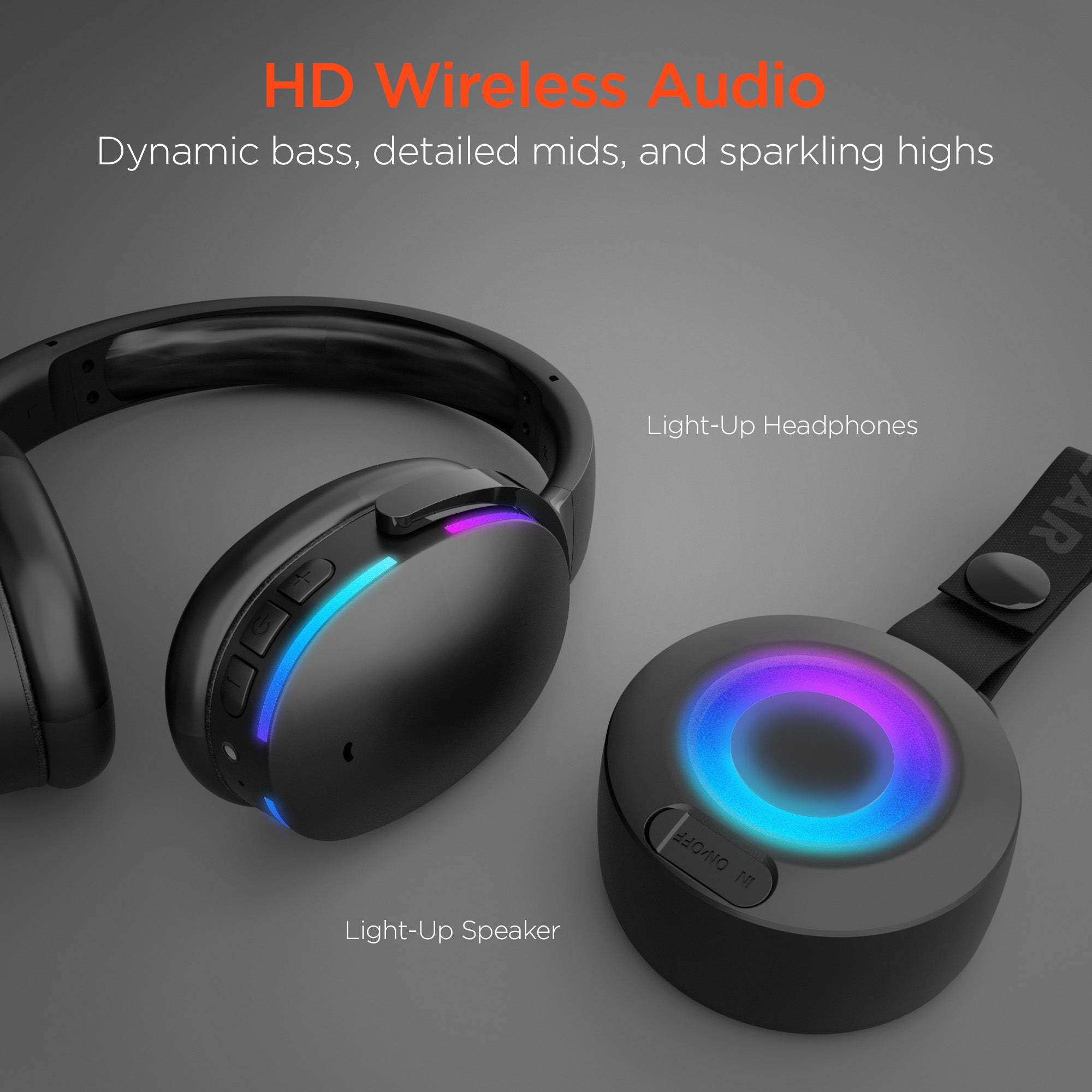 Wireless Audio Essentials Duo | Light-Up Speaker + Headphones | Black