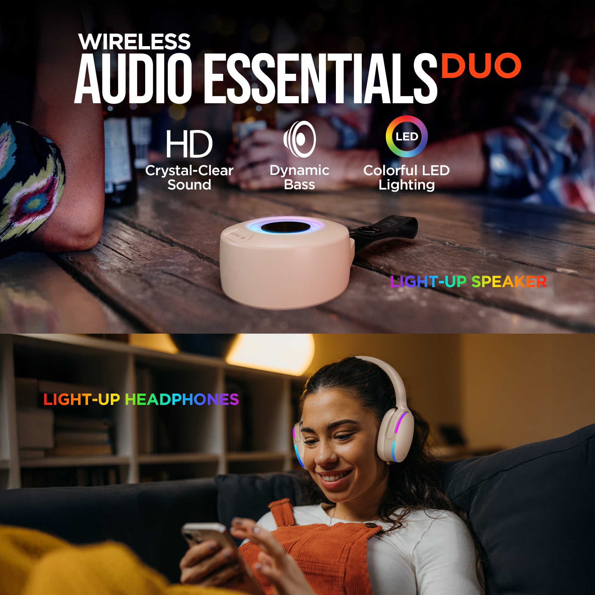 Wireless Audio Essentials Duo | Light-Up Speaker + Headphones | Nude