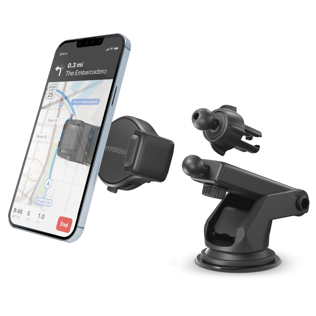 Roller Grip Phone Mount Kit Vent + Dash + Windshield Black HYPERGEAR