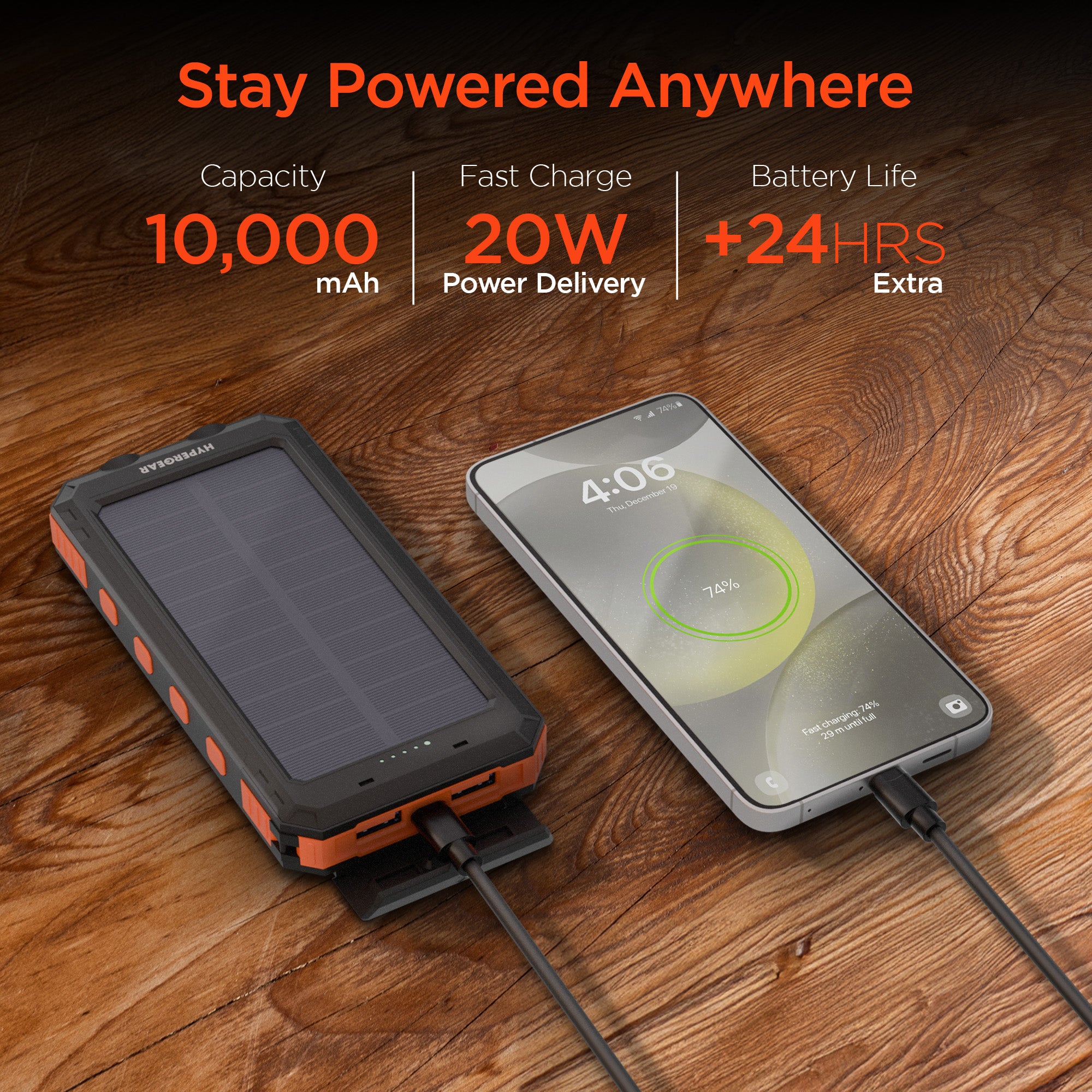 10,000mAh | SolPro 10K Fast Charge Solar Power Bank with 20W USB-C PD | Black and Orange