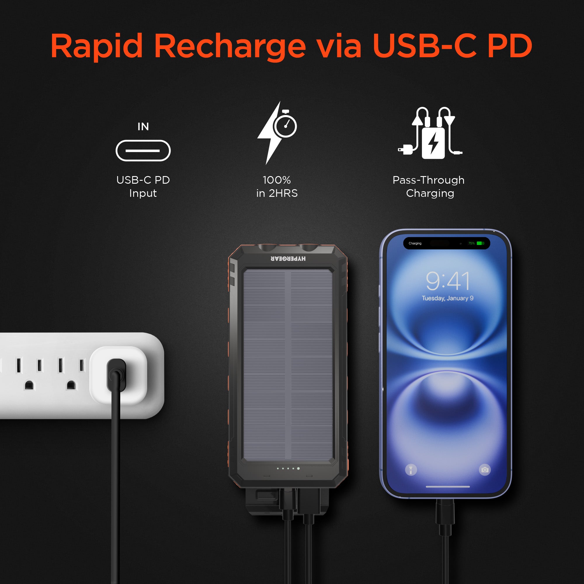 10,000mAh | SolPro 10K Fast Charge Solar Power Bank with 20W USB-C PD | Black and Orange