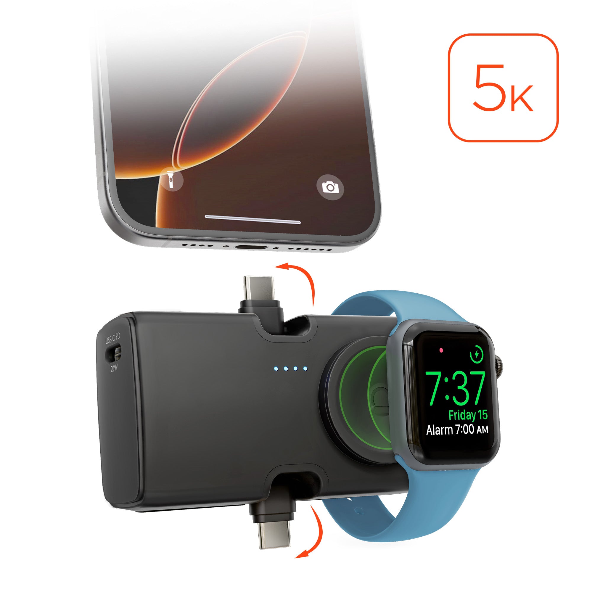 5,000mAh | Power Pack Nano Ultra-Mini Power Bank with Built-In Apple Watch Charger | Black