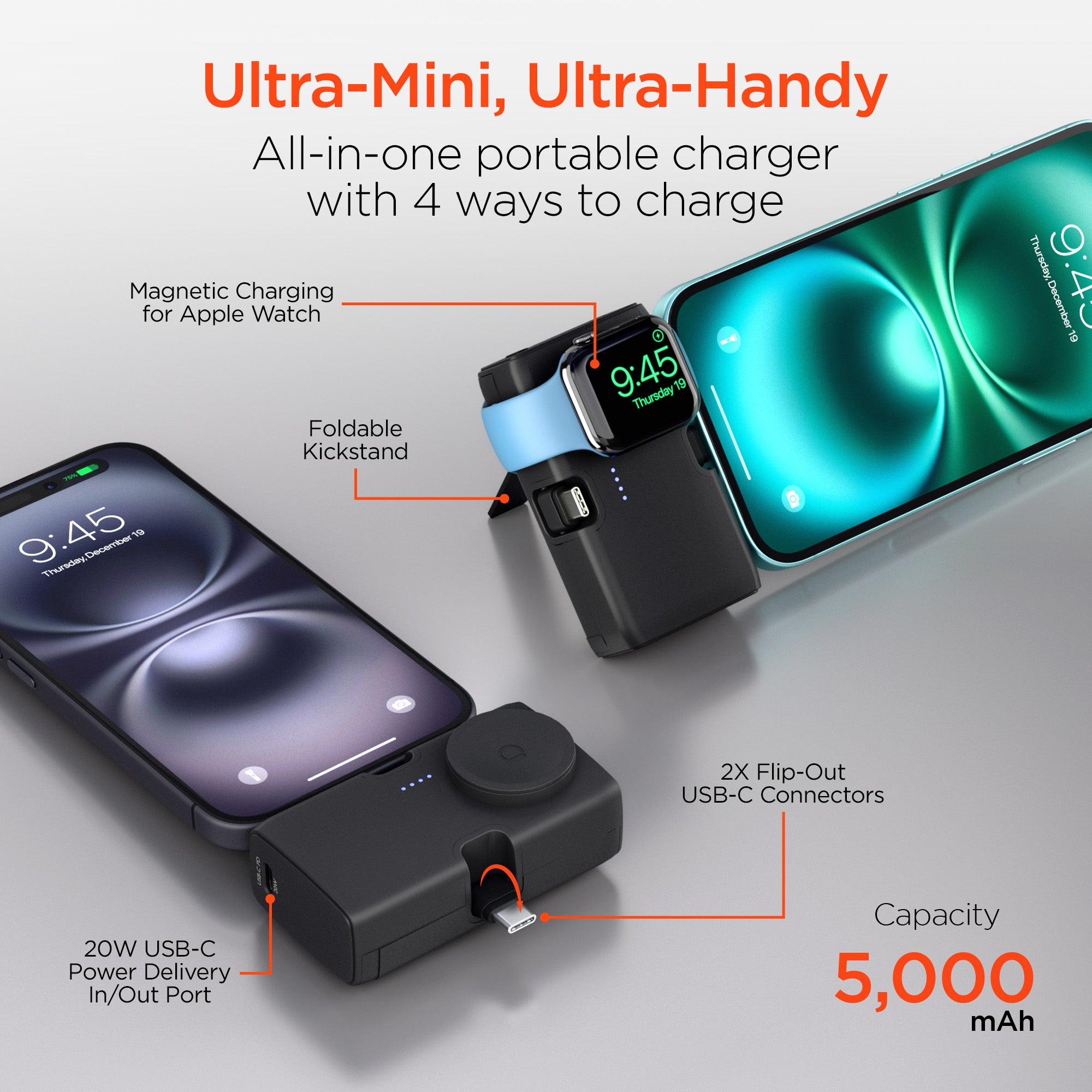 5,000mAh | Power Pack Nano Ultra-Mini Power Bank with Built-In Apple Watch Charger | Black