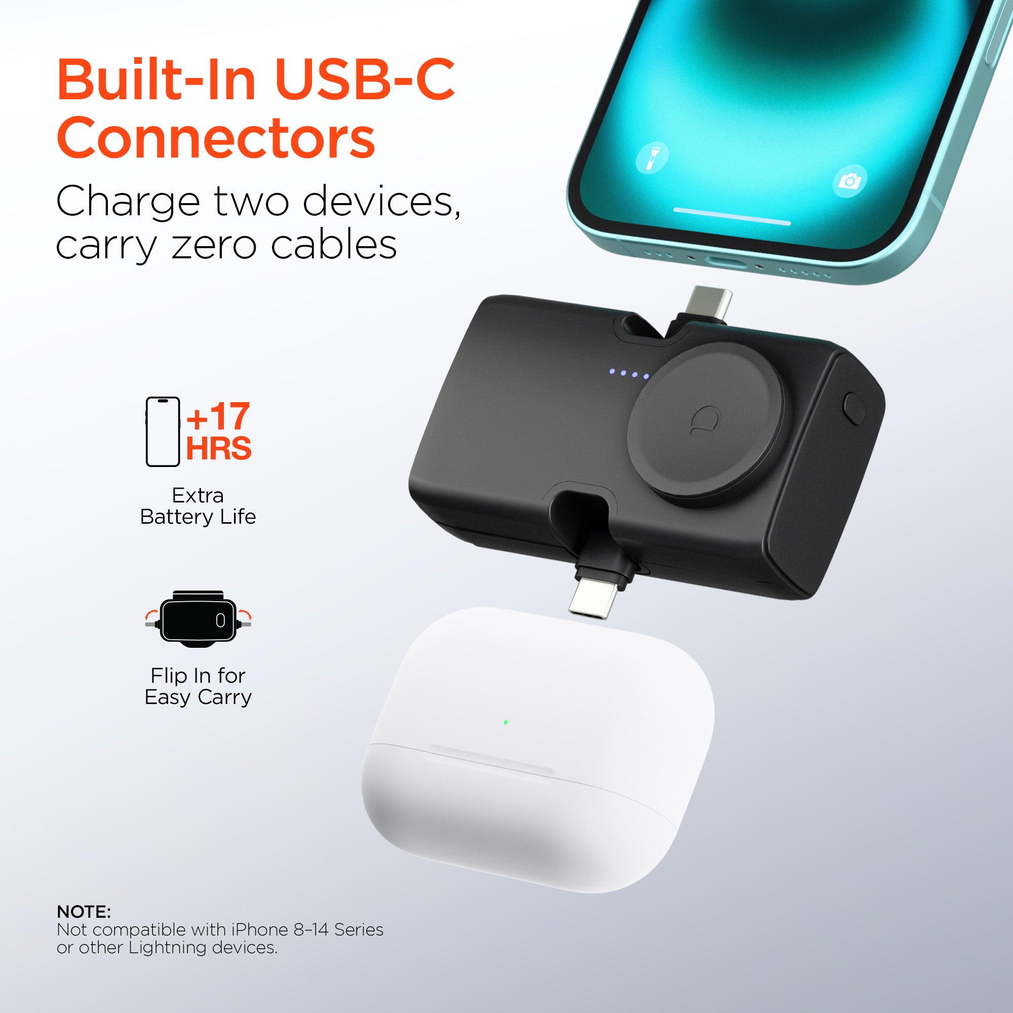 5,000mAh | Power Pack Nano Ultra-Mini Power Bank with Built-In Apple Watch Charger | Black
