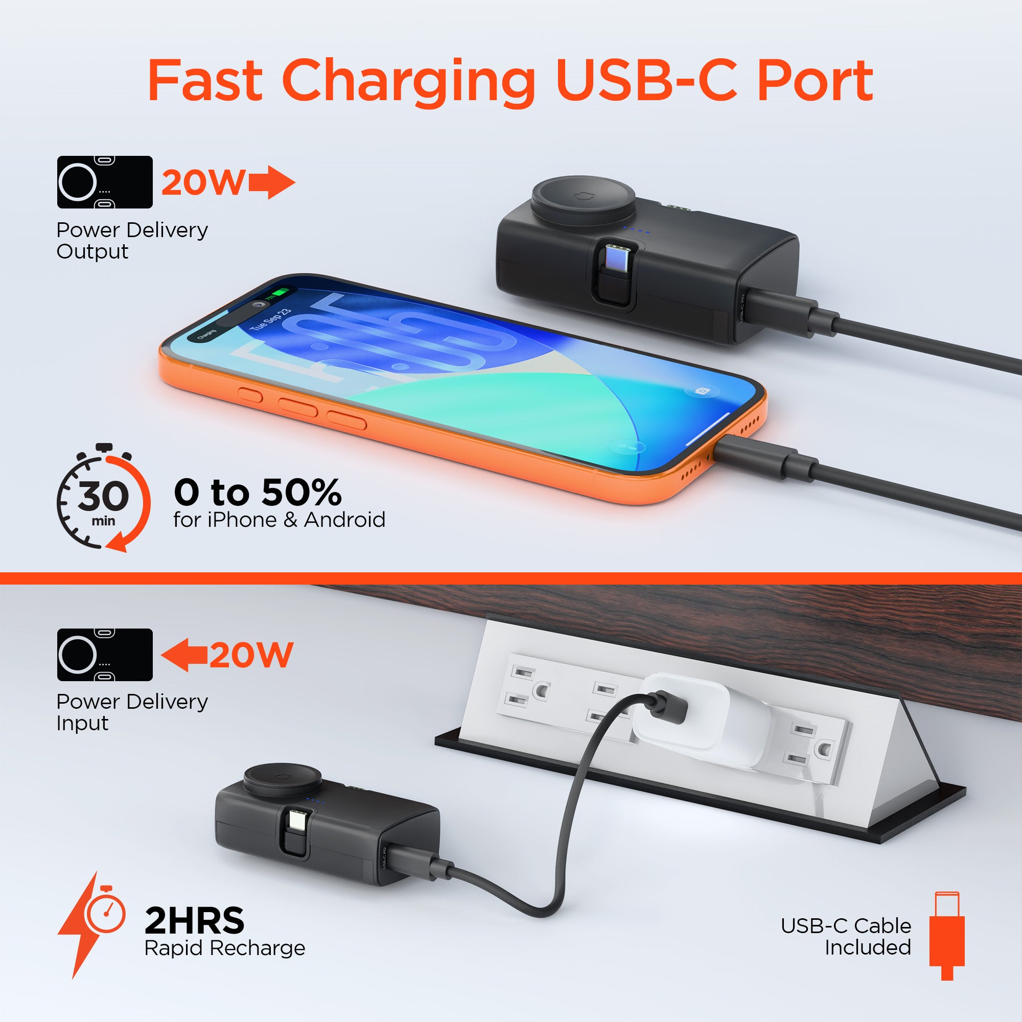 5,000mAh | Power Pack Nano Ultra-Mini Power Bank with Built-In Apple Watch Charger | Black