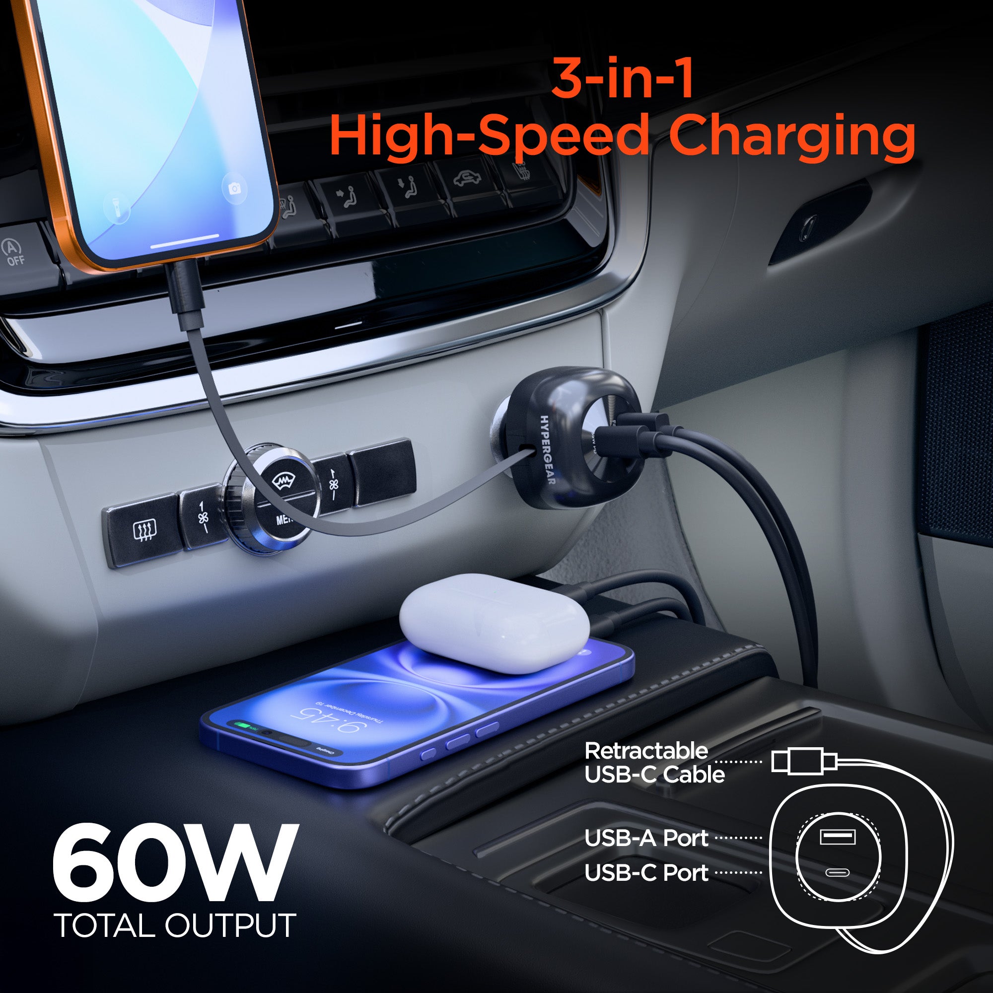SpeedBoost 3-in-1 Fast Car Charger with Retractable 30W USB-C PD Cable | Black