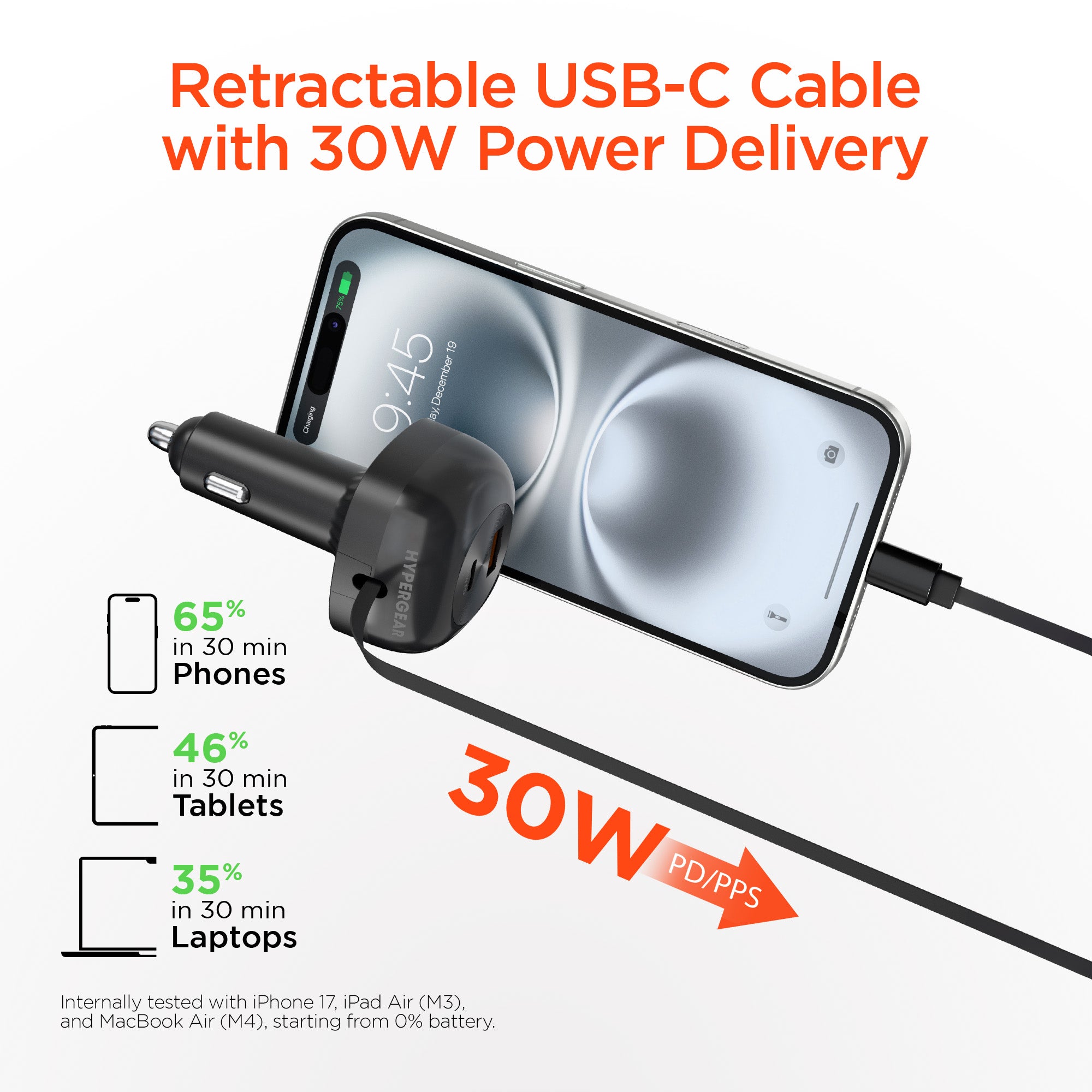 SpeedBoost 3-in-1 Fast Car Charger with Retractable 30W USB-C PD Cable | Black