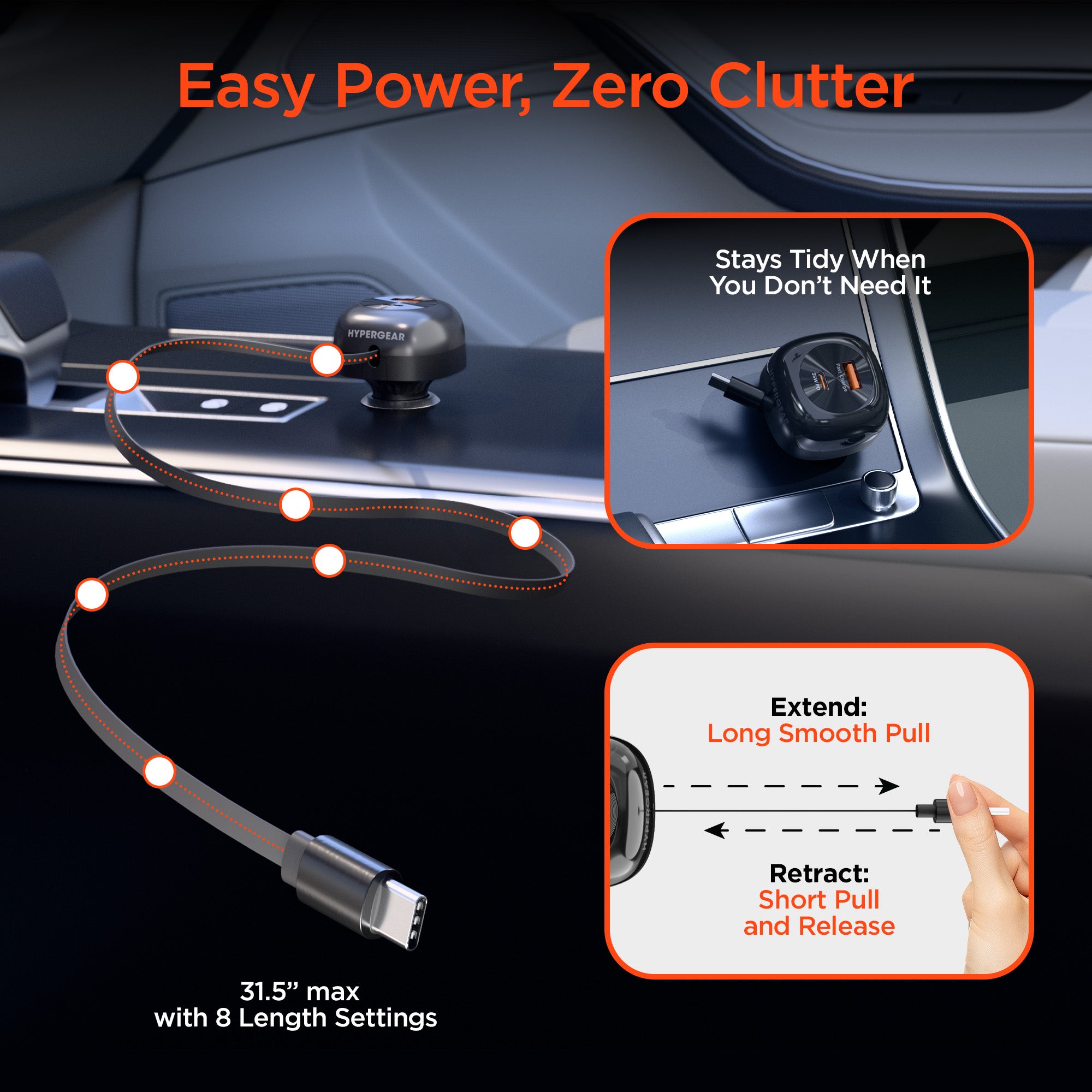 SpeedBoost 3-in-1 Fast Car Charger with Retractable 30W USB-C PD Cable | Black