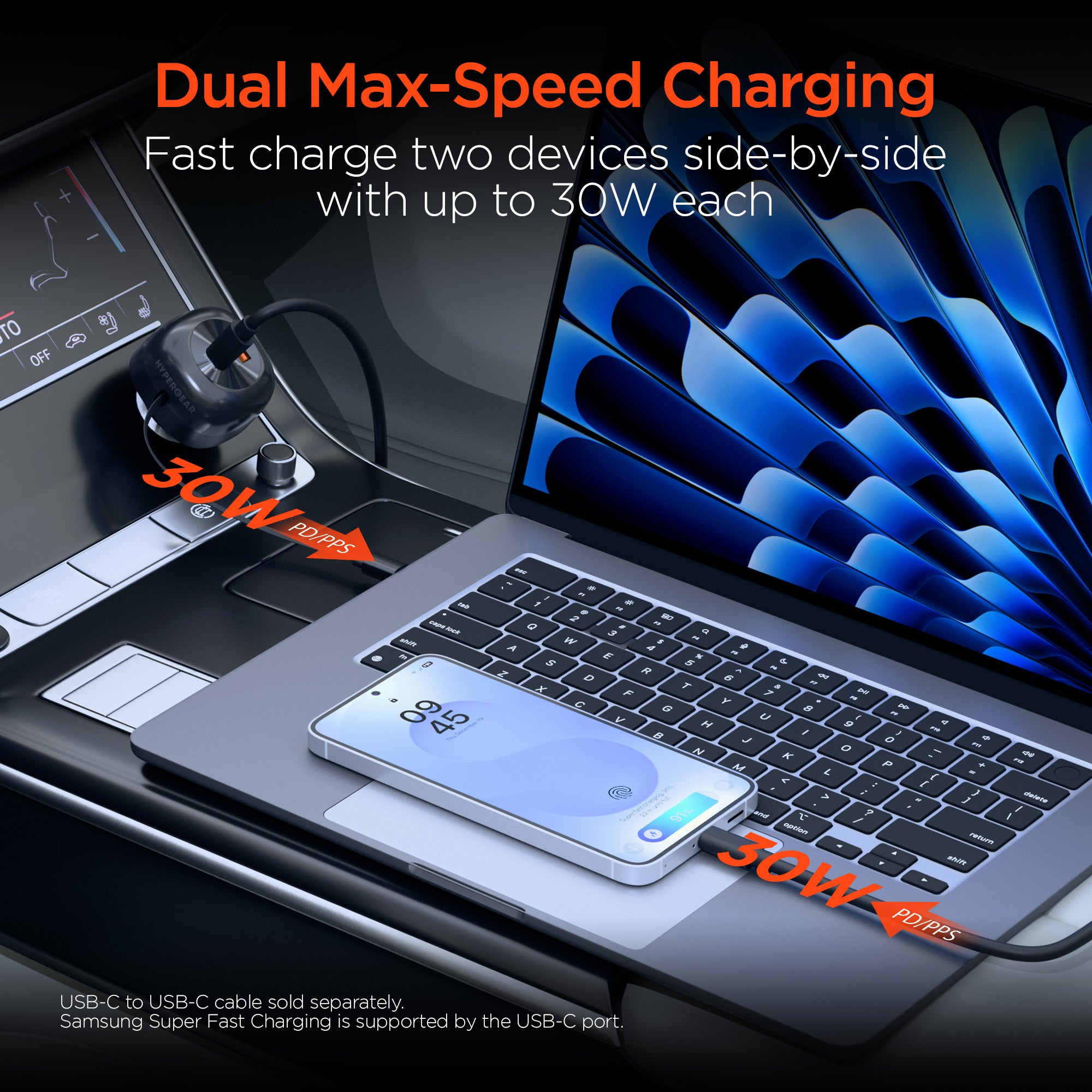 SpeedBoost 3-in-1 Fast Car Charger with Retractable 30W USB-C PD Cable | Black