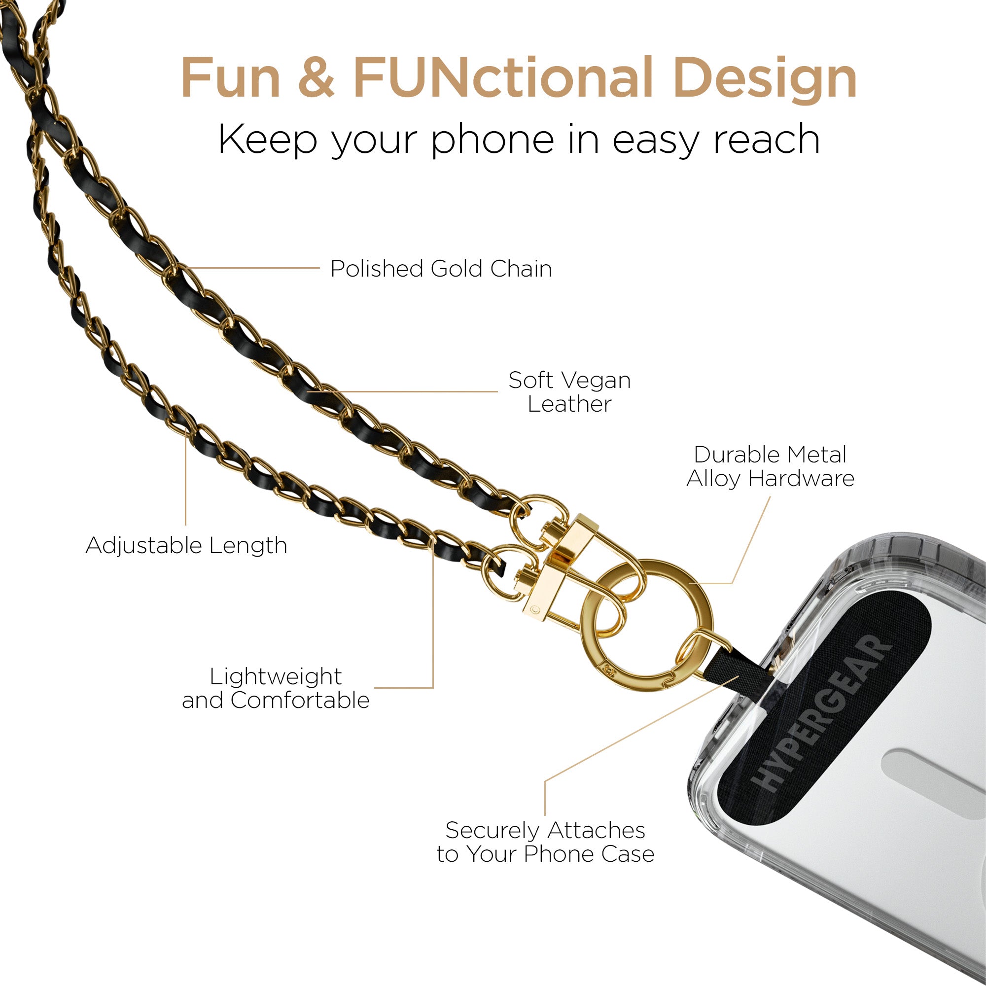 HyperGear TECHcessories | Universal Crossbody Phone Strap | Gold Chain with Black Vegan Leather