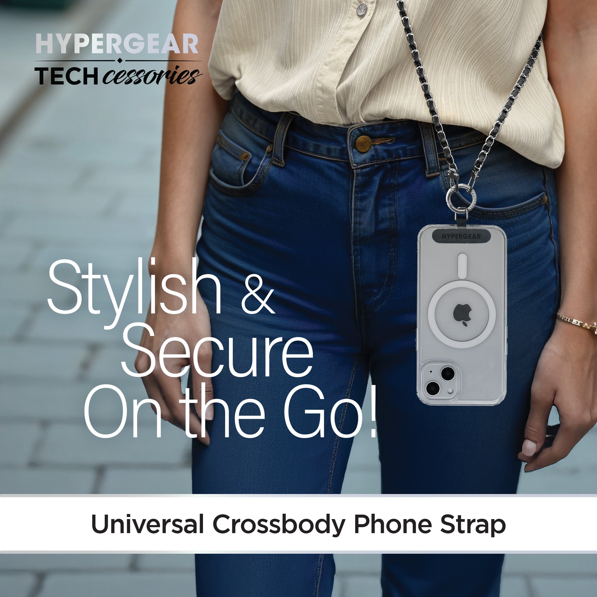 HyperGear TECHcessories | Universal Crossbody Phone Strap | Silver Chain with Black Vegan Leather