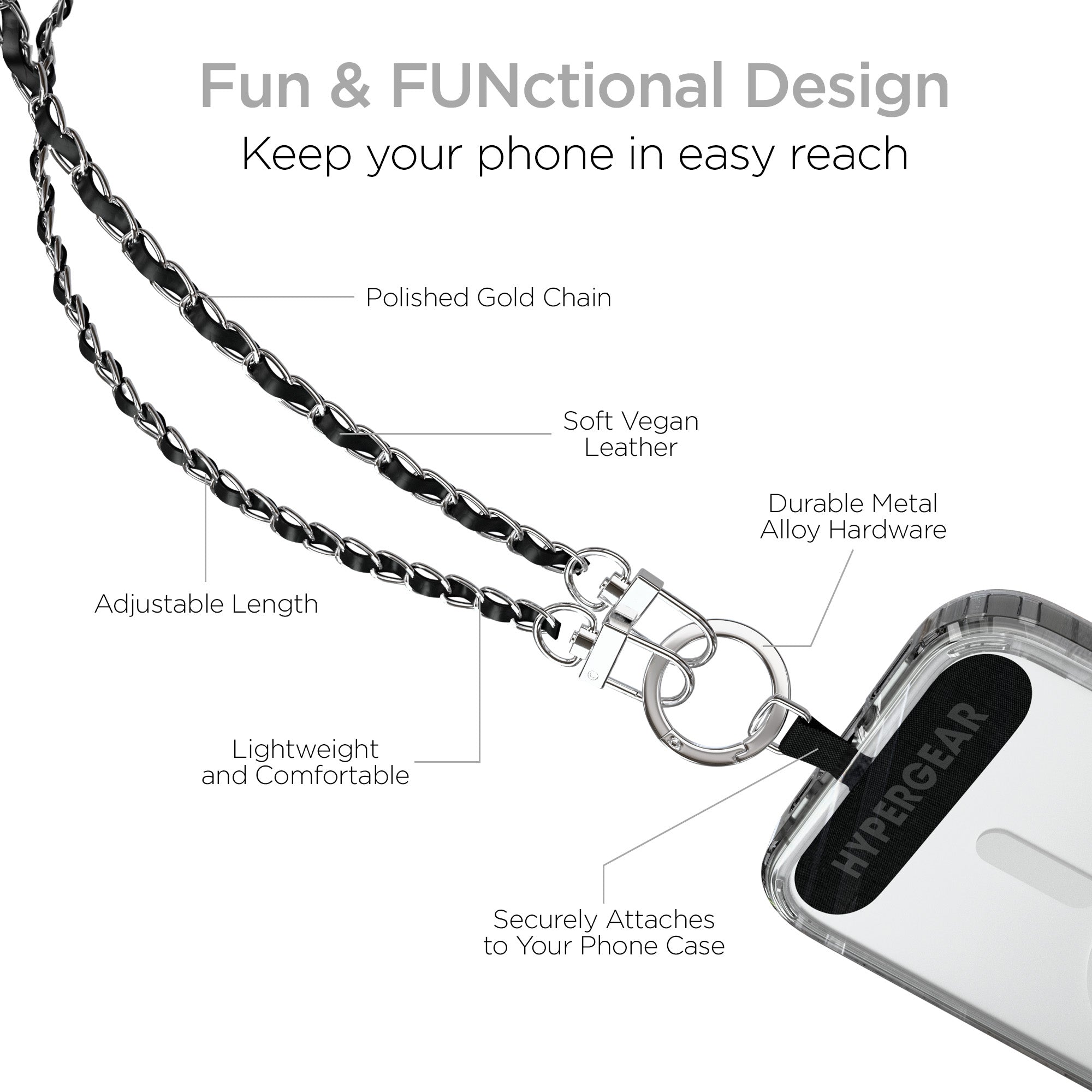 HyperGear TECHcessories | Universal Crossbody Phone Strap | Silver Chain with Black Vegan Leather