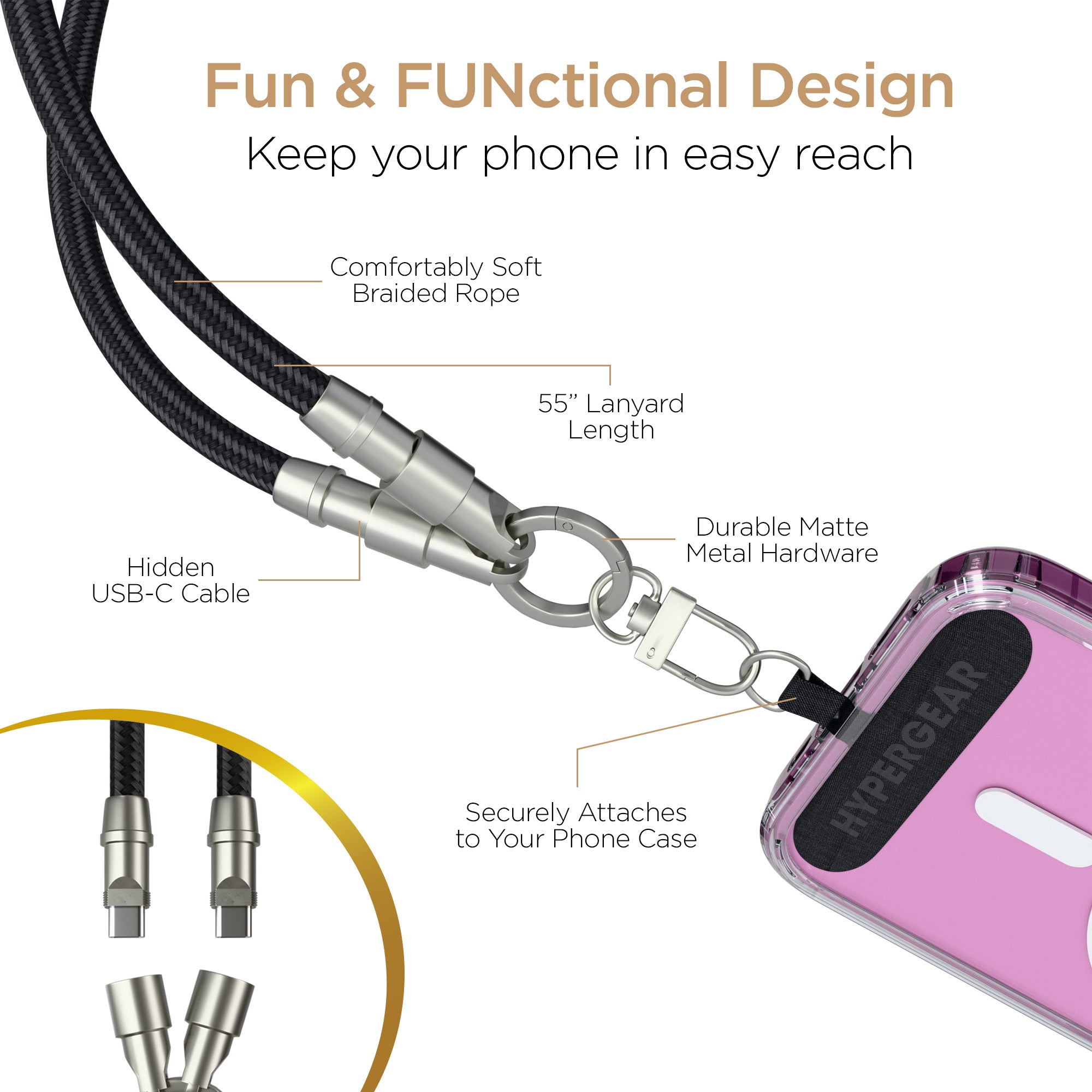 HyperGear TECHcessories | 2-in-1 Universal Crossbody Phone Strap and Charging Cable | Black