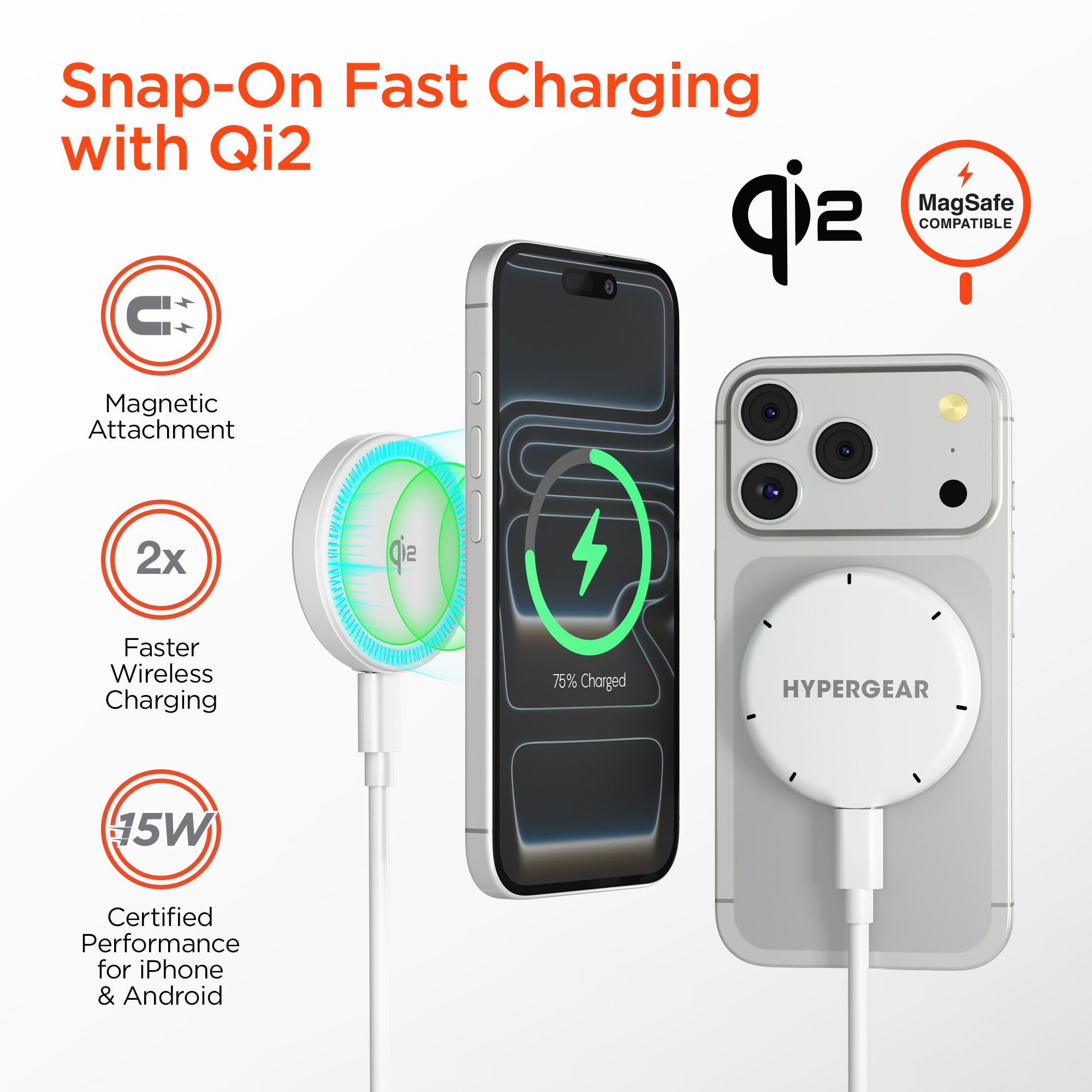 MaxCharge 15W Magnetic Wireless Fast Charger with Qi2 | White – HYPERGEAR