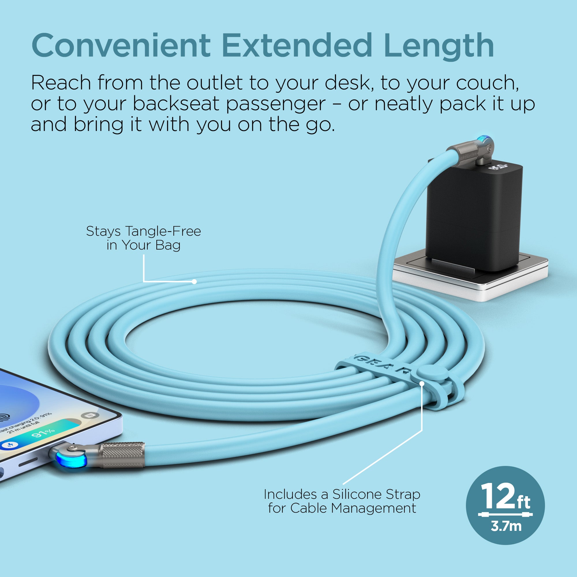 Chunky180° 100W USB-C to USB-C Rugged Fast Charge Cable | 12ft | Sky Blue
