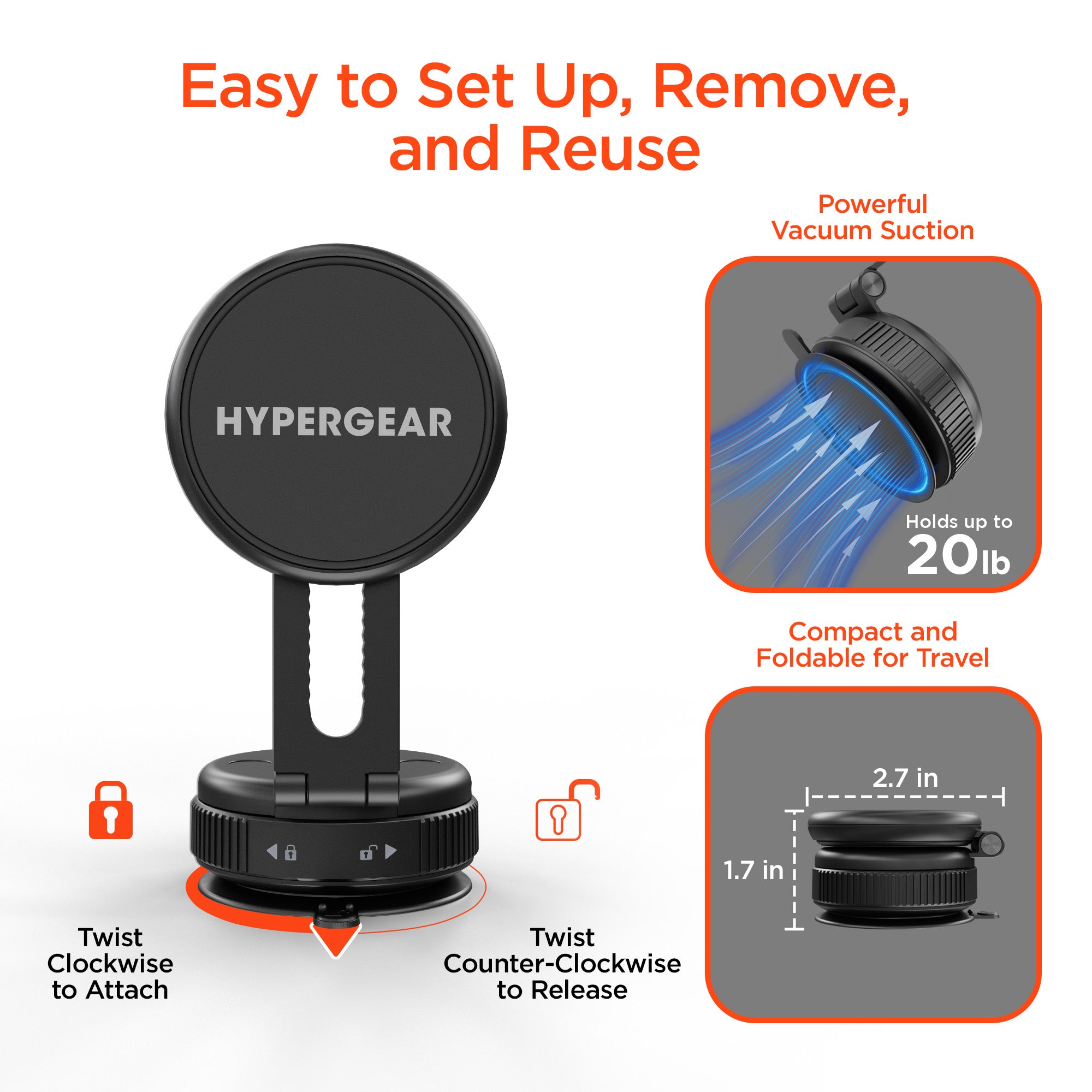 Mag Vac Magnetic Phone Mount with Vacuum Suction Cup Base | Multi-Surface | Black