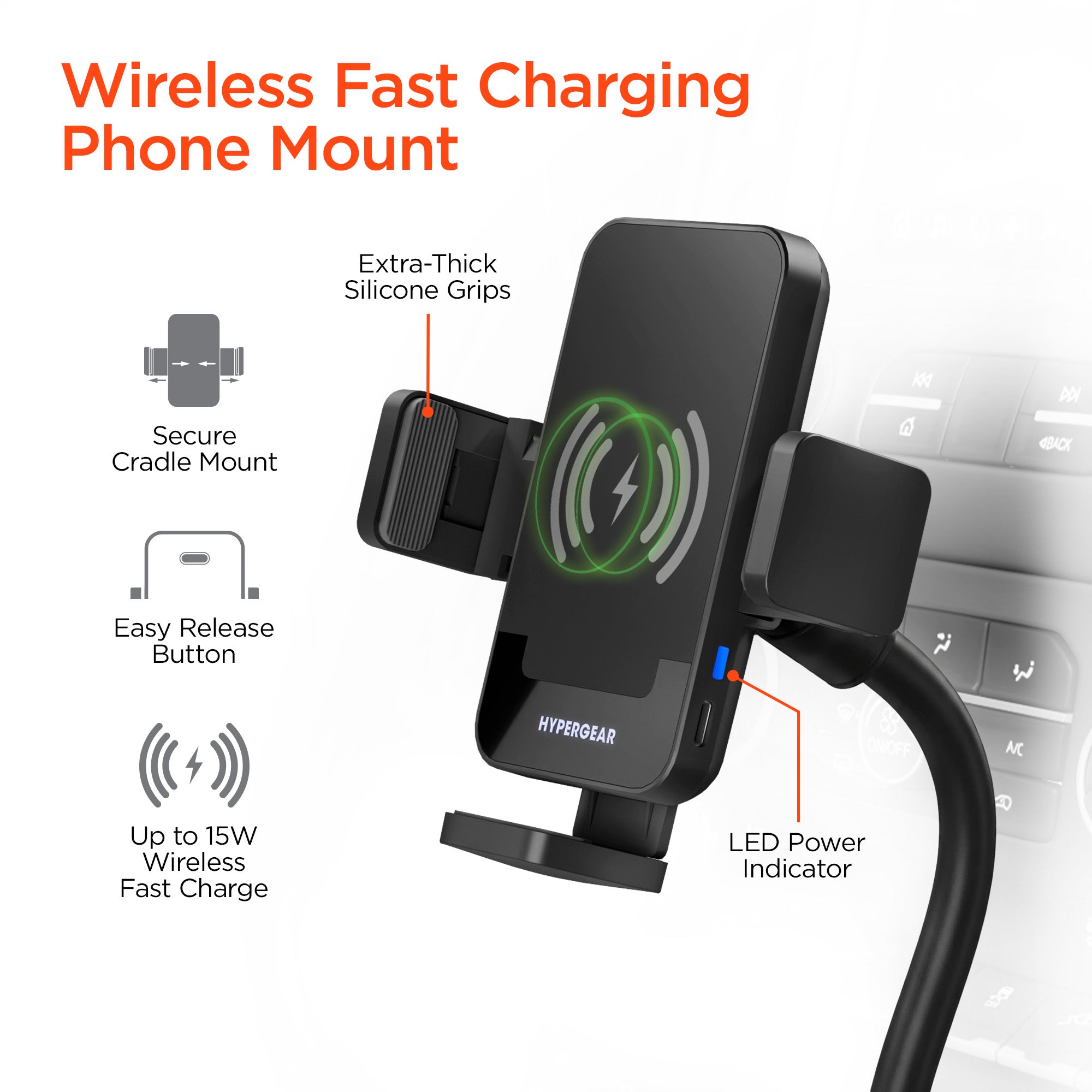 EZ Grip 15W Wireless Fast Charging Phone Mount | Cup Holder | Black ...