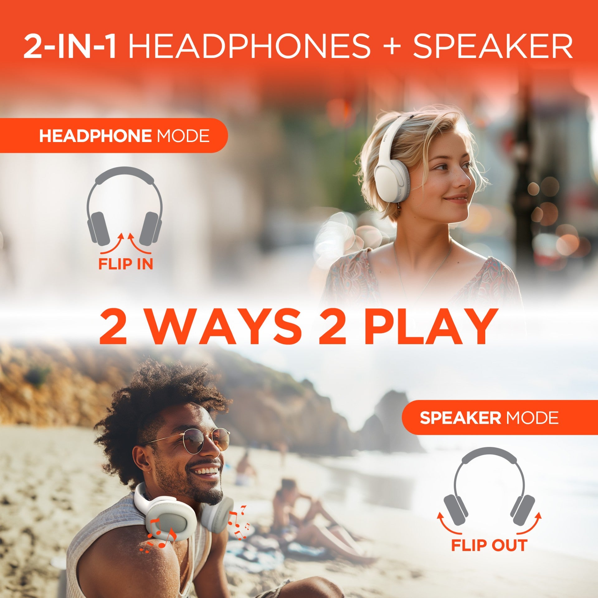 Flip 2-in-1 Wireless Headphones + Speaker | White