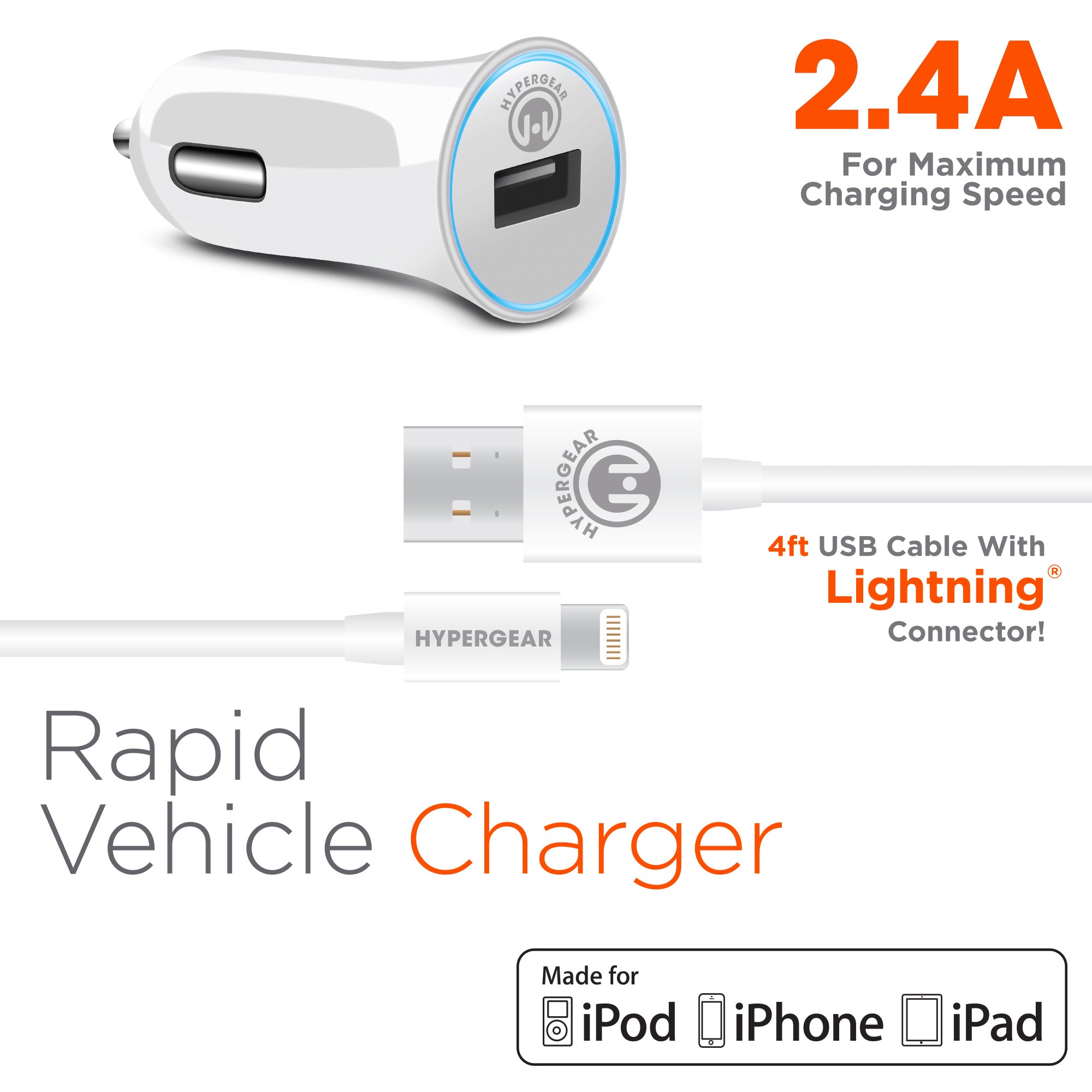 12W USB Rapid Vehicle Charger | Includes 4ft MFi Lightning Cable | White