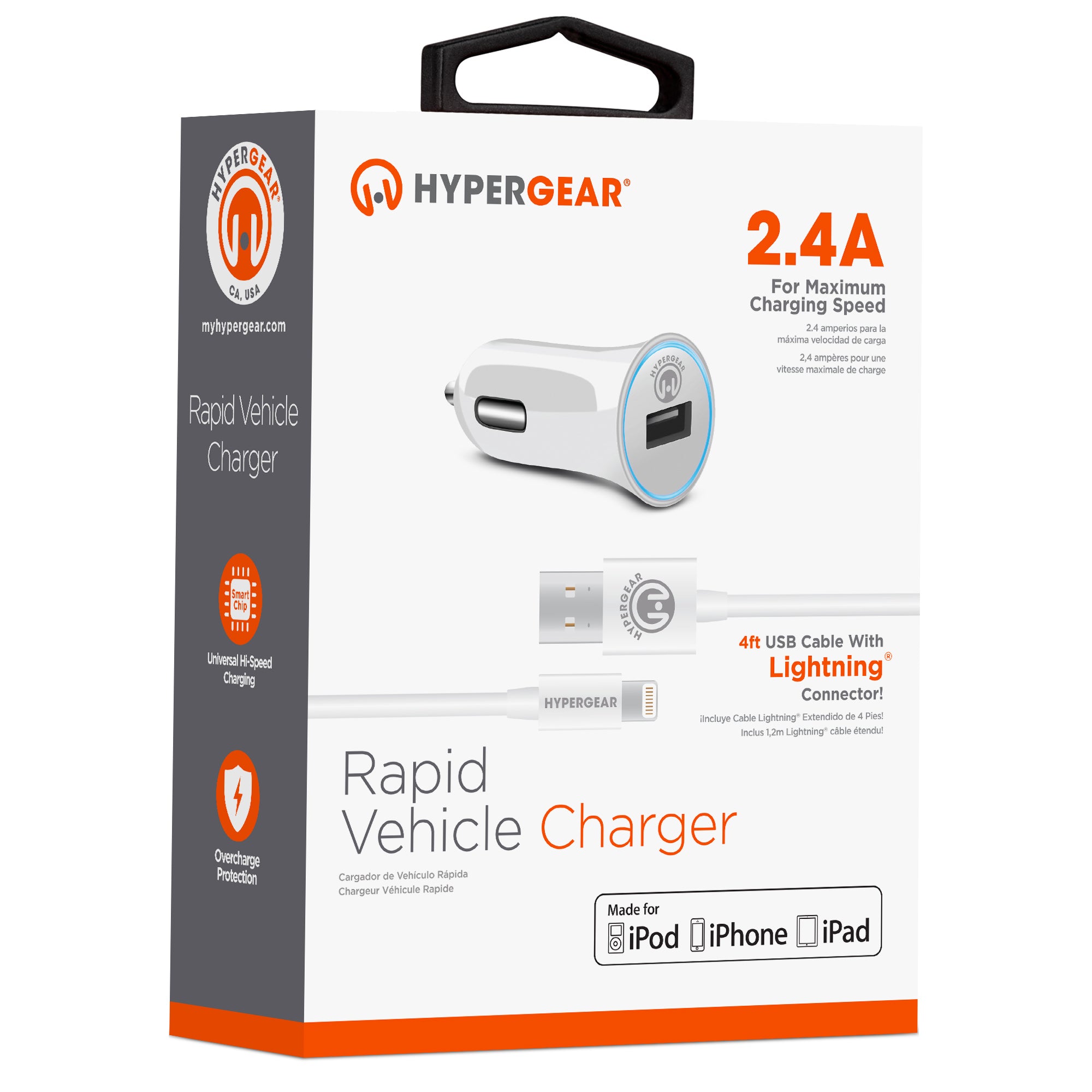 HyperGear 2.4A Rapid Vehicle Charger with 4ft MFi Lightning Cable - White –  HYPERGEAR
