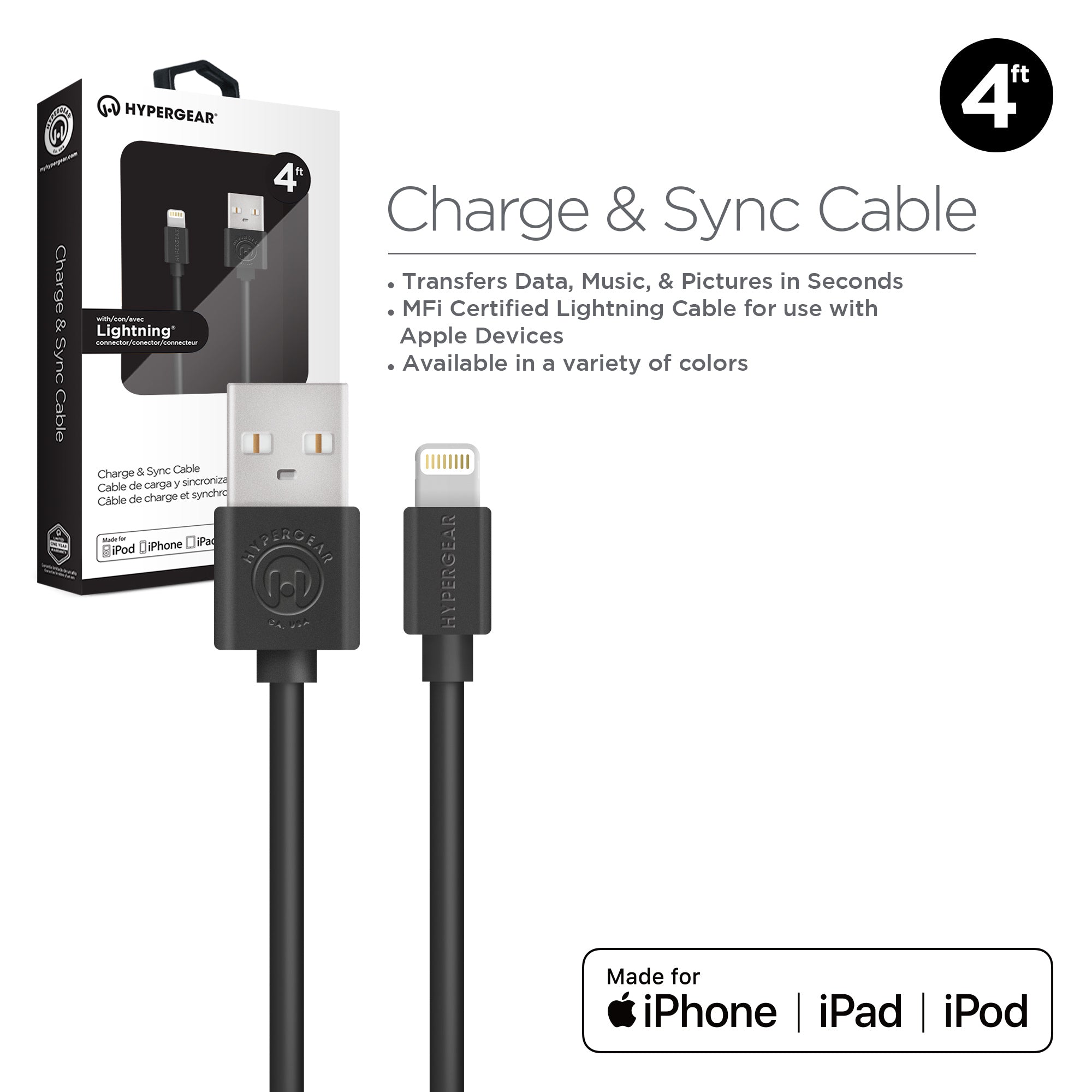 USB to MFi Lightning Rounded Cable | 4ft | Black