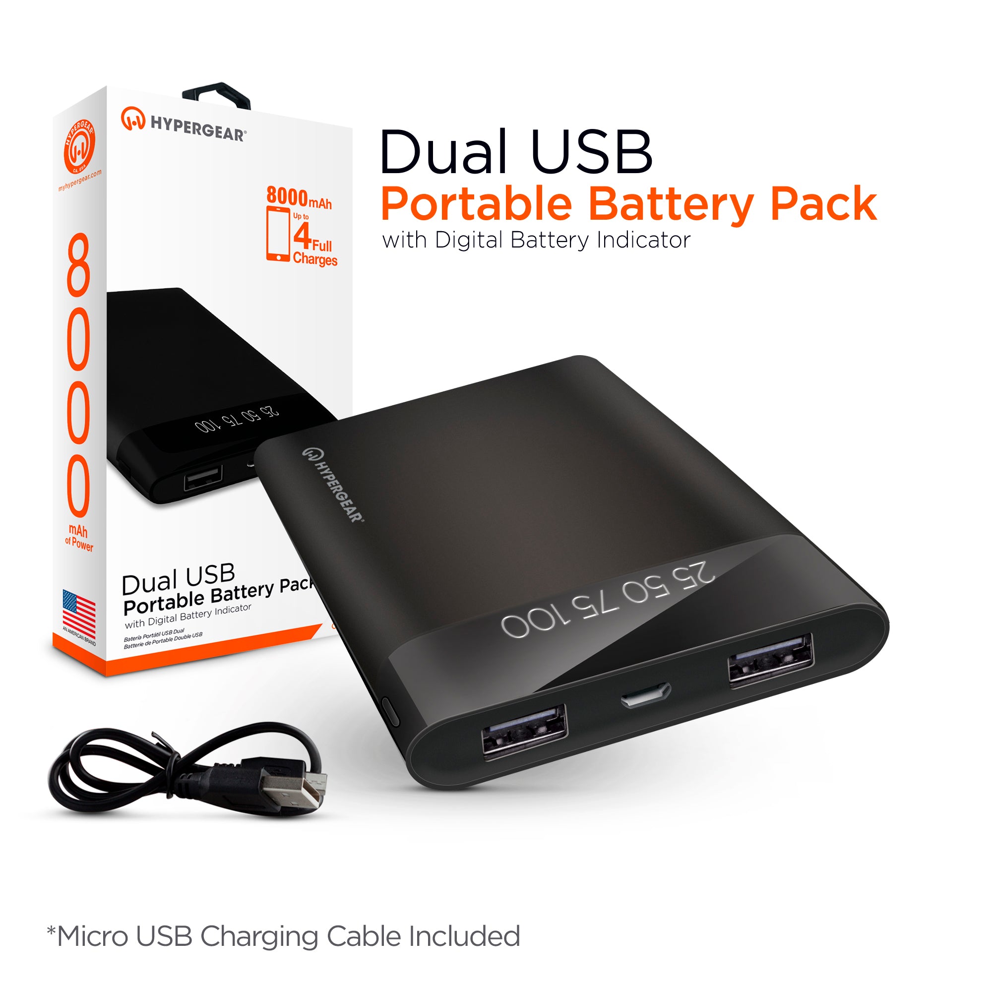 8,000mAh | Dual USB Portable Battery Pack with Digital Display | Black