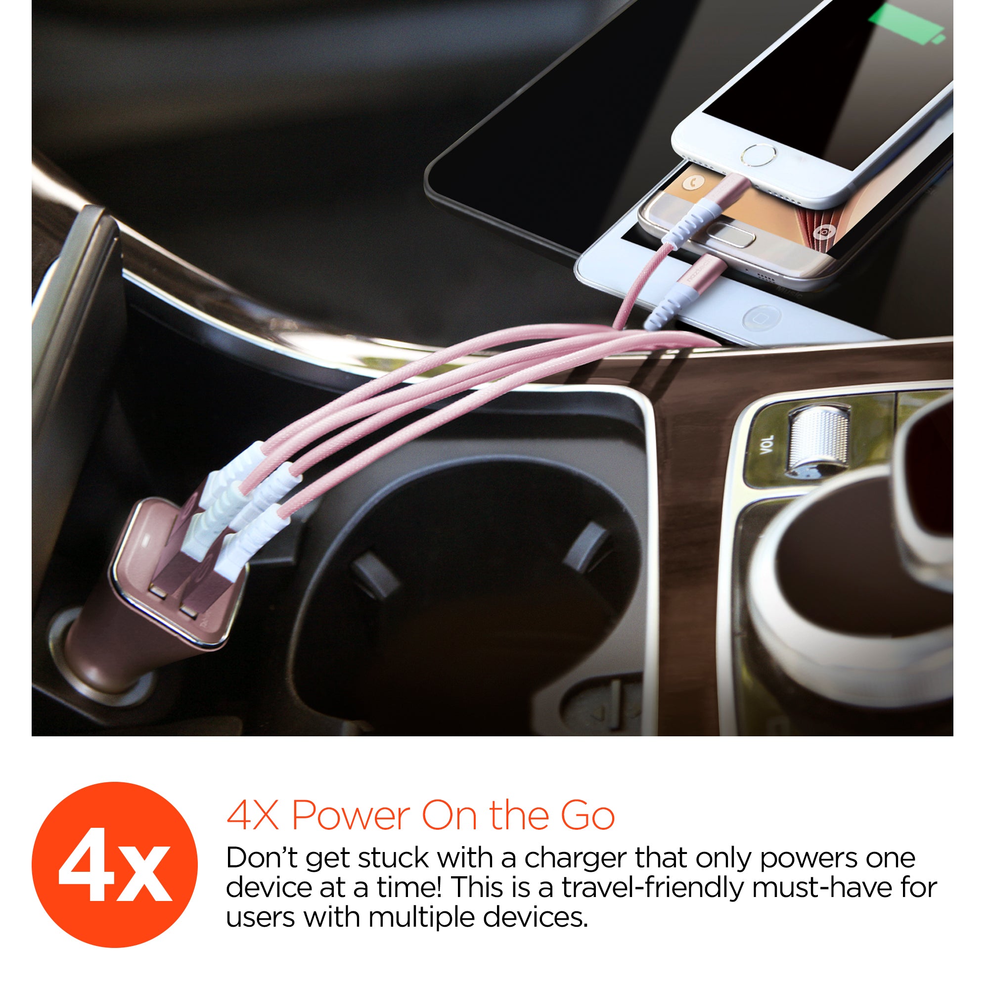 34W Quad USB Car Charger | Rose Gold