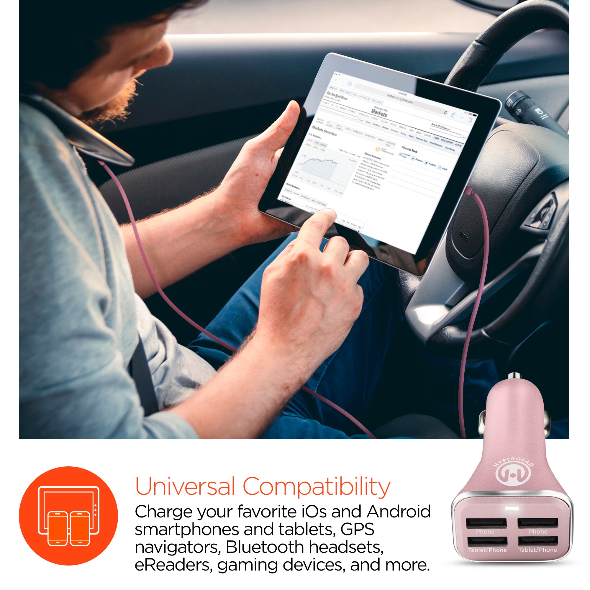 34W Quad USB Car Charger | Rose Gold