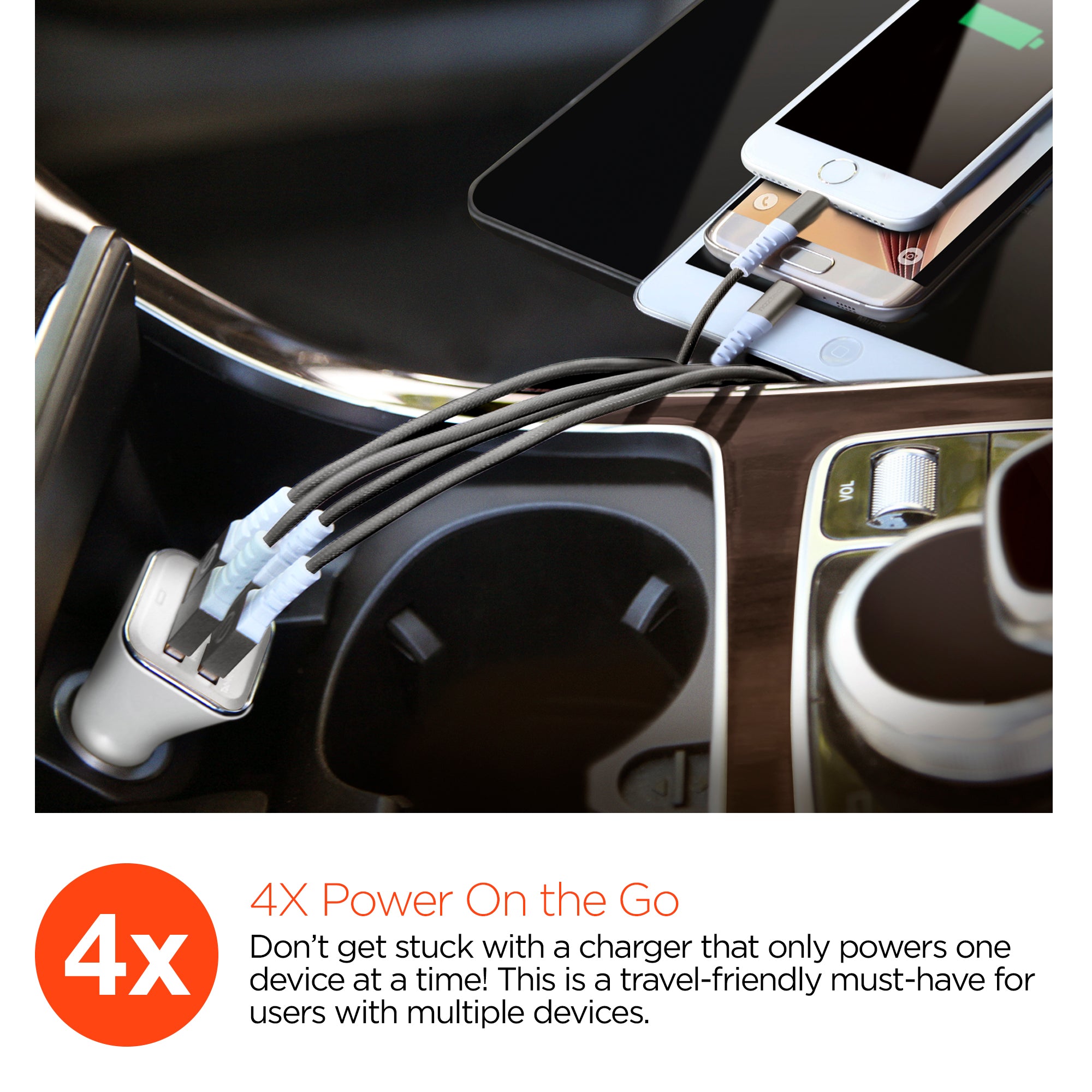 34W Quad USB Car Charger | White
