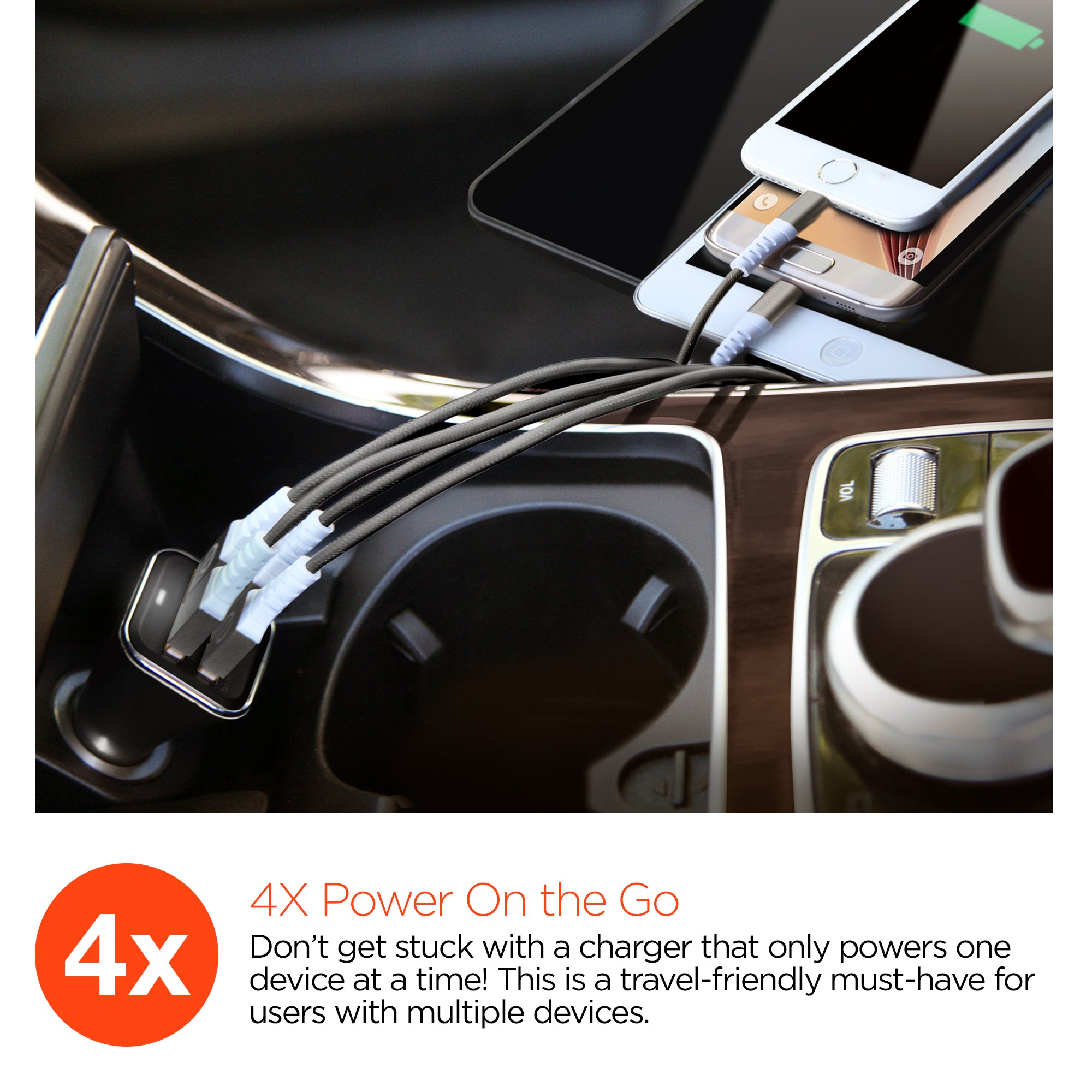 34W Quad USB Car Charger | Black