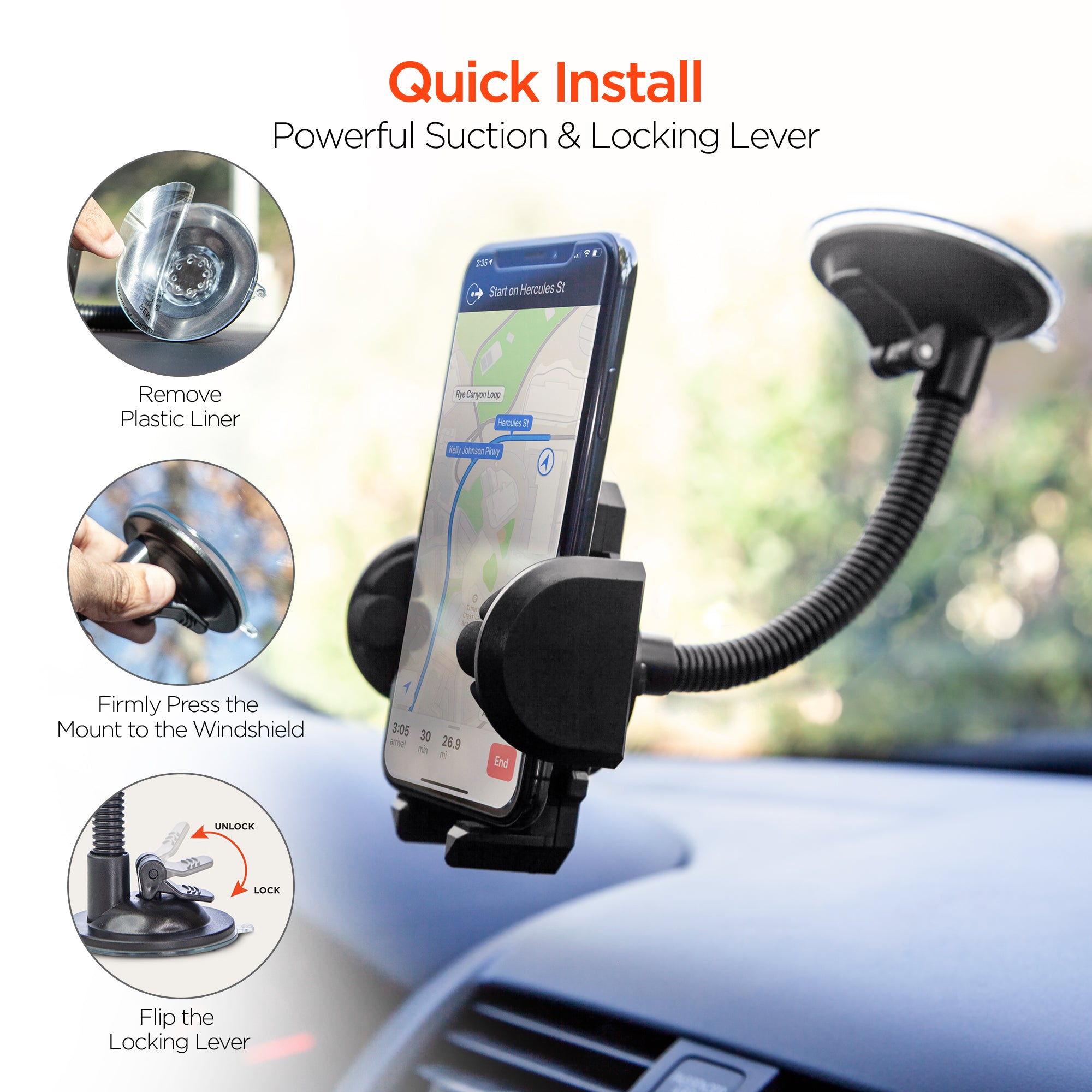 Car Phone Mount, Phone Holder for Car, Long Arm Suction Cup Phone Holder,  Strong Universal Hands-Free Suction Cell Phone Holder, Car Phone Holder  Mount for All Smartphone 