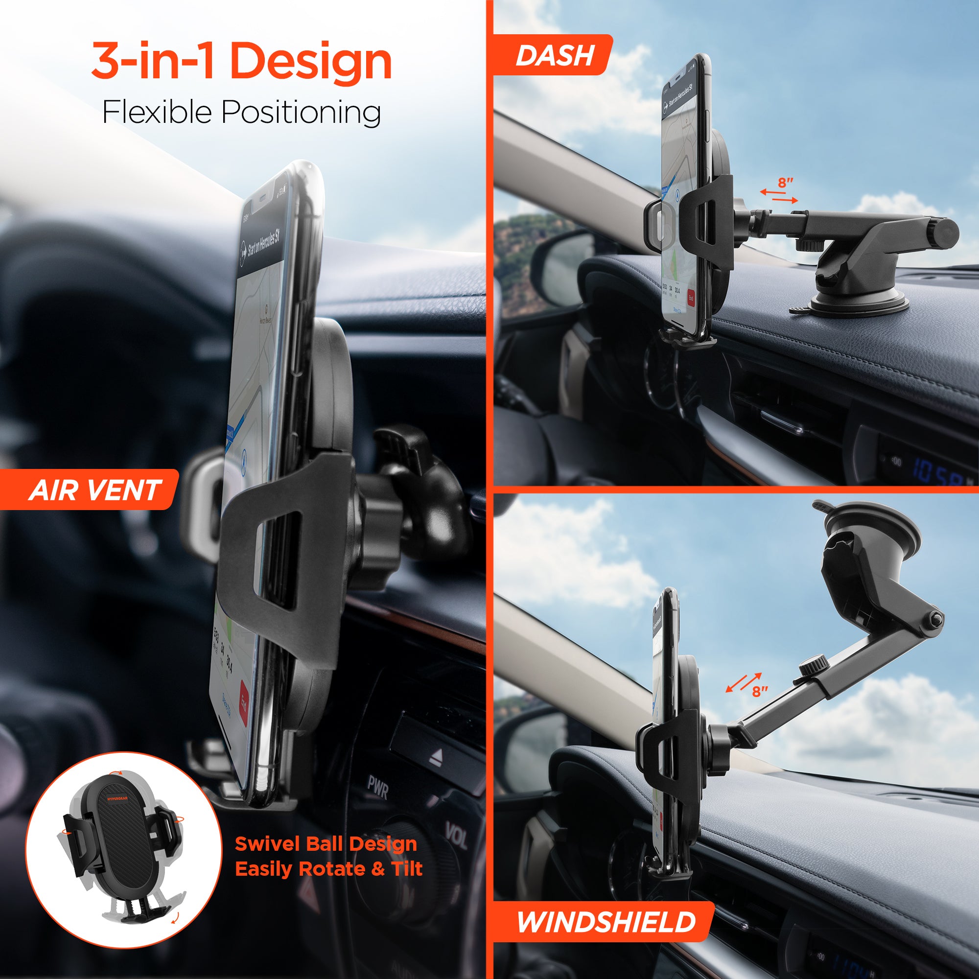 3-in-1 Phone Mount Kit | Vent + Dashboard + Windshield | Black